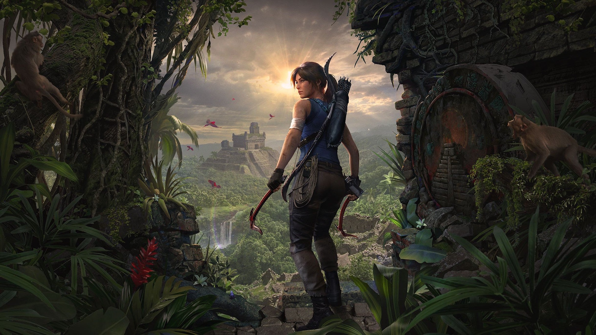 Art from Shadow of the Tomb Raider of Lara looking over her shoulder over a jungle vista.