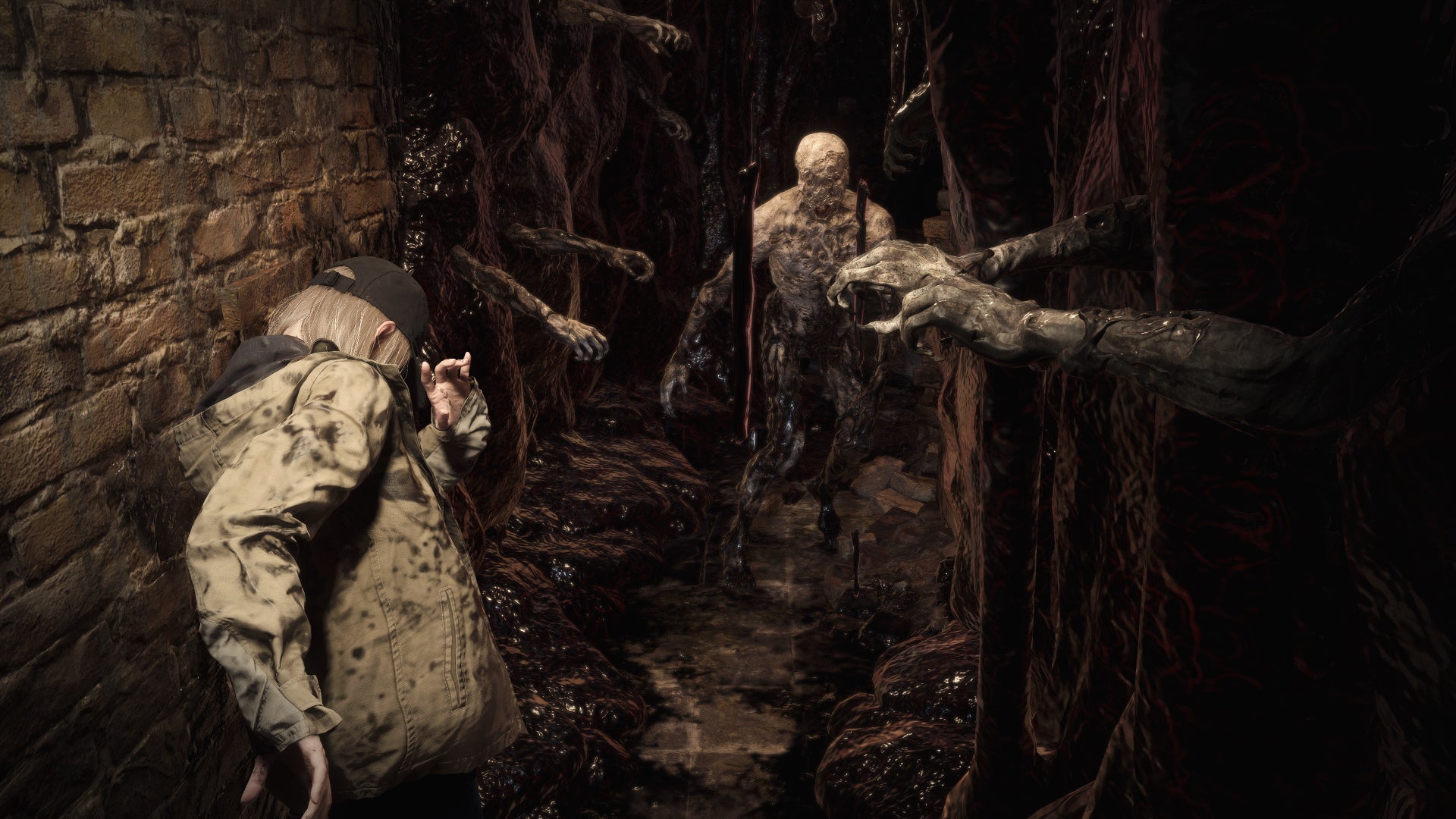 A blone-haired girl stumbles through muck and gore in a narrow corridor with a zombie in front of her in Resident Evil Village's Shadows Of Rose DLC