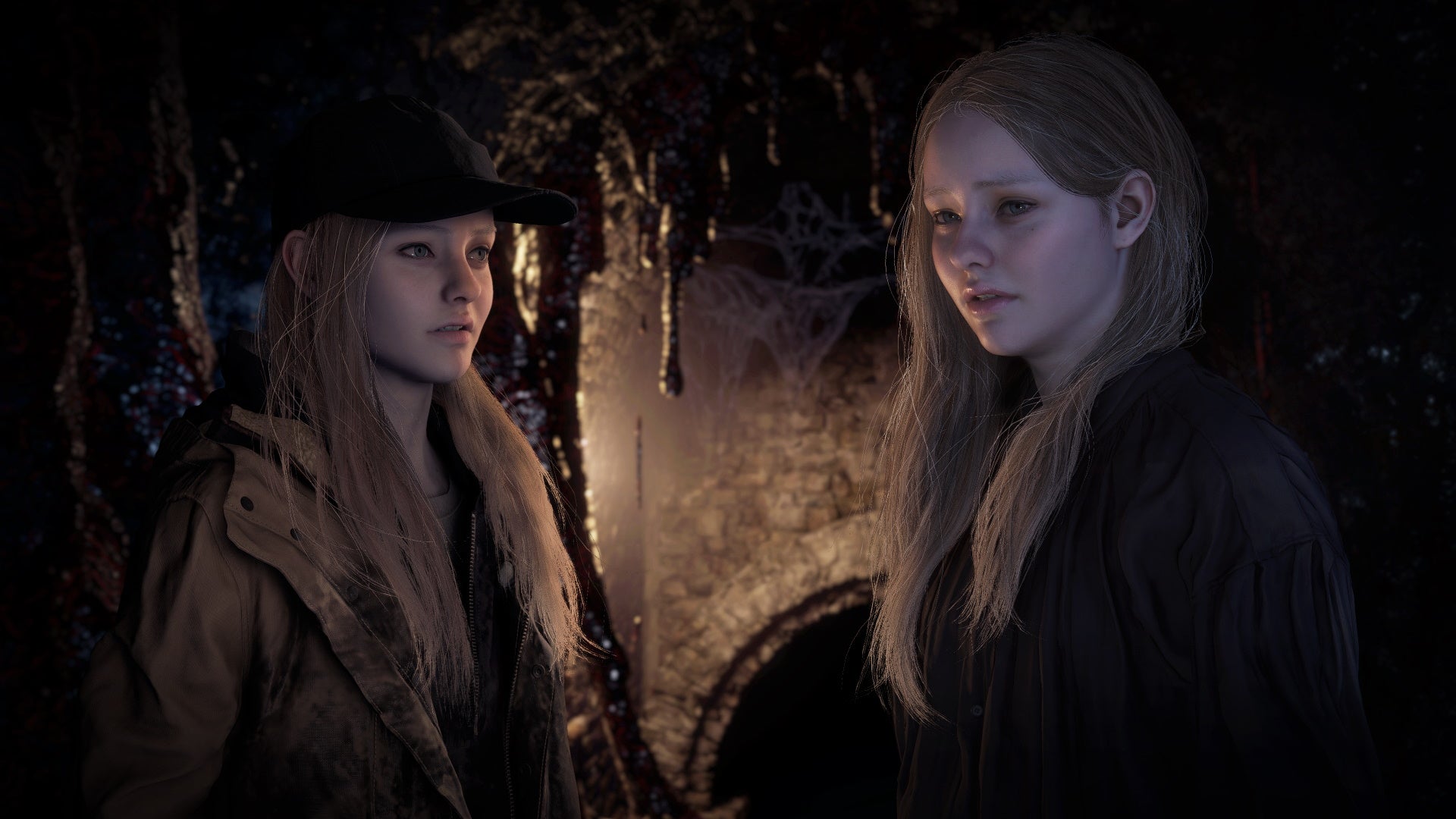 Two identical blonde haired girls look scared in a dark dungeon in Resident Evil Village's Shadows Of Rose DLC