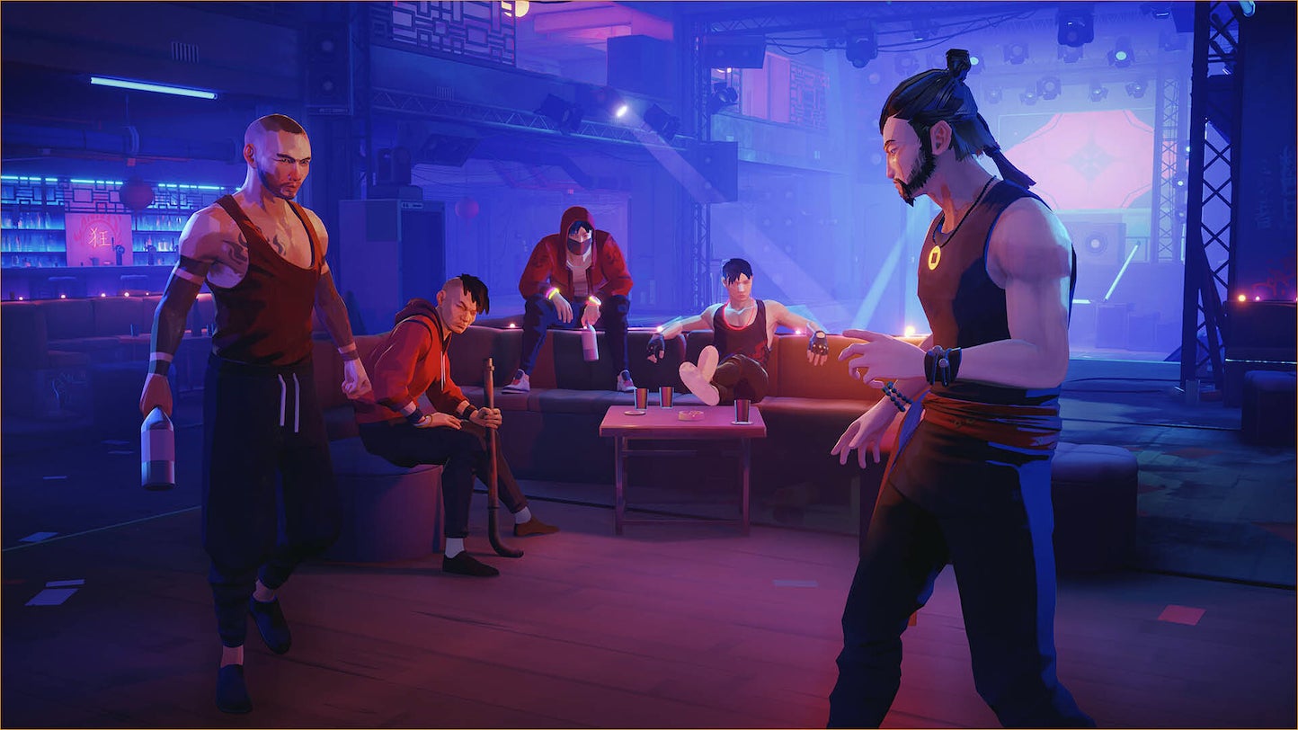 Sifu faces down an enemy in a neon lit club in the game Sifu