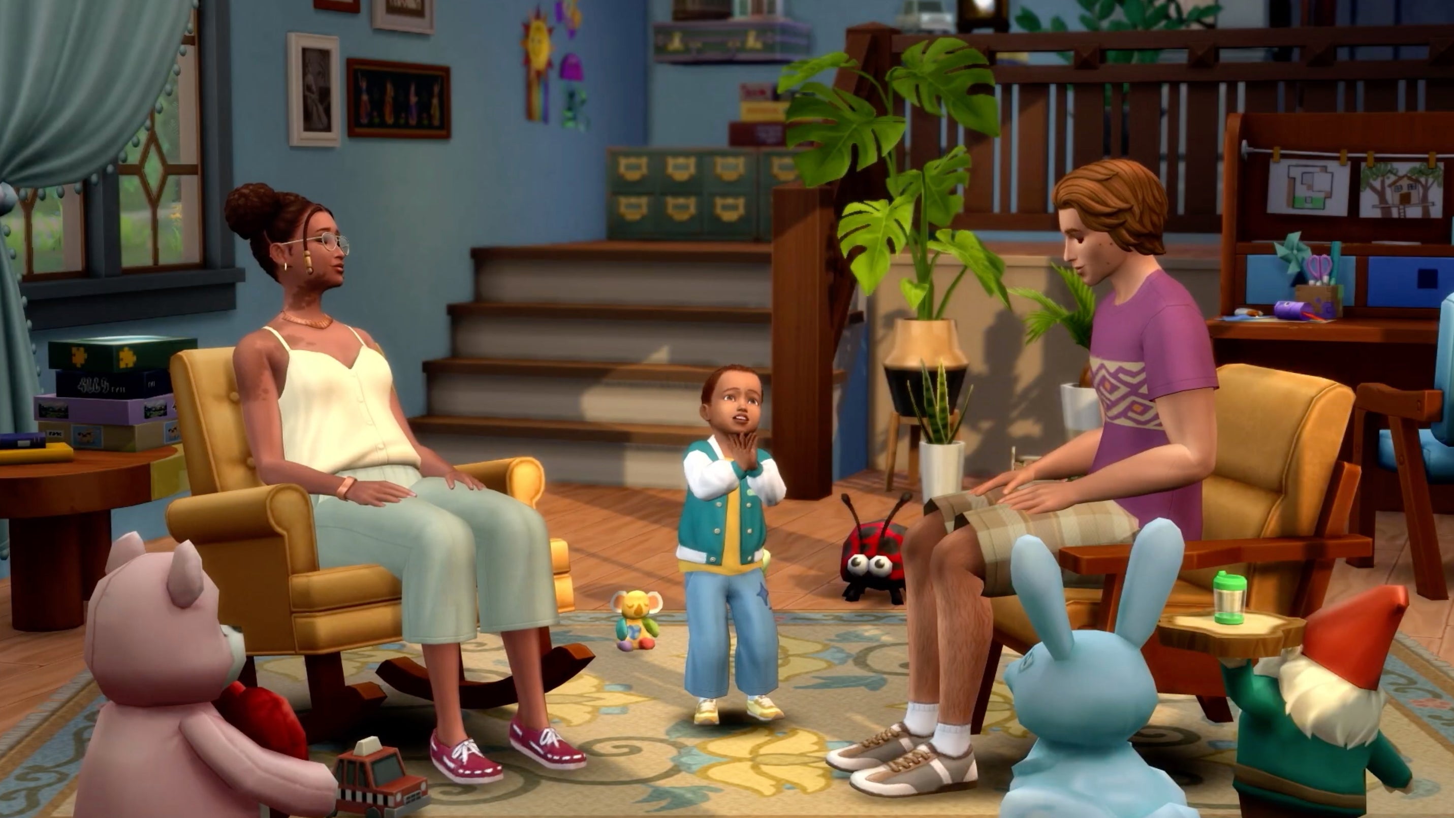 screenshot from sims 4 growing together expansion showing a family with their baby
