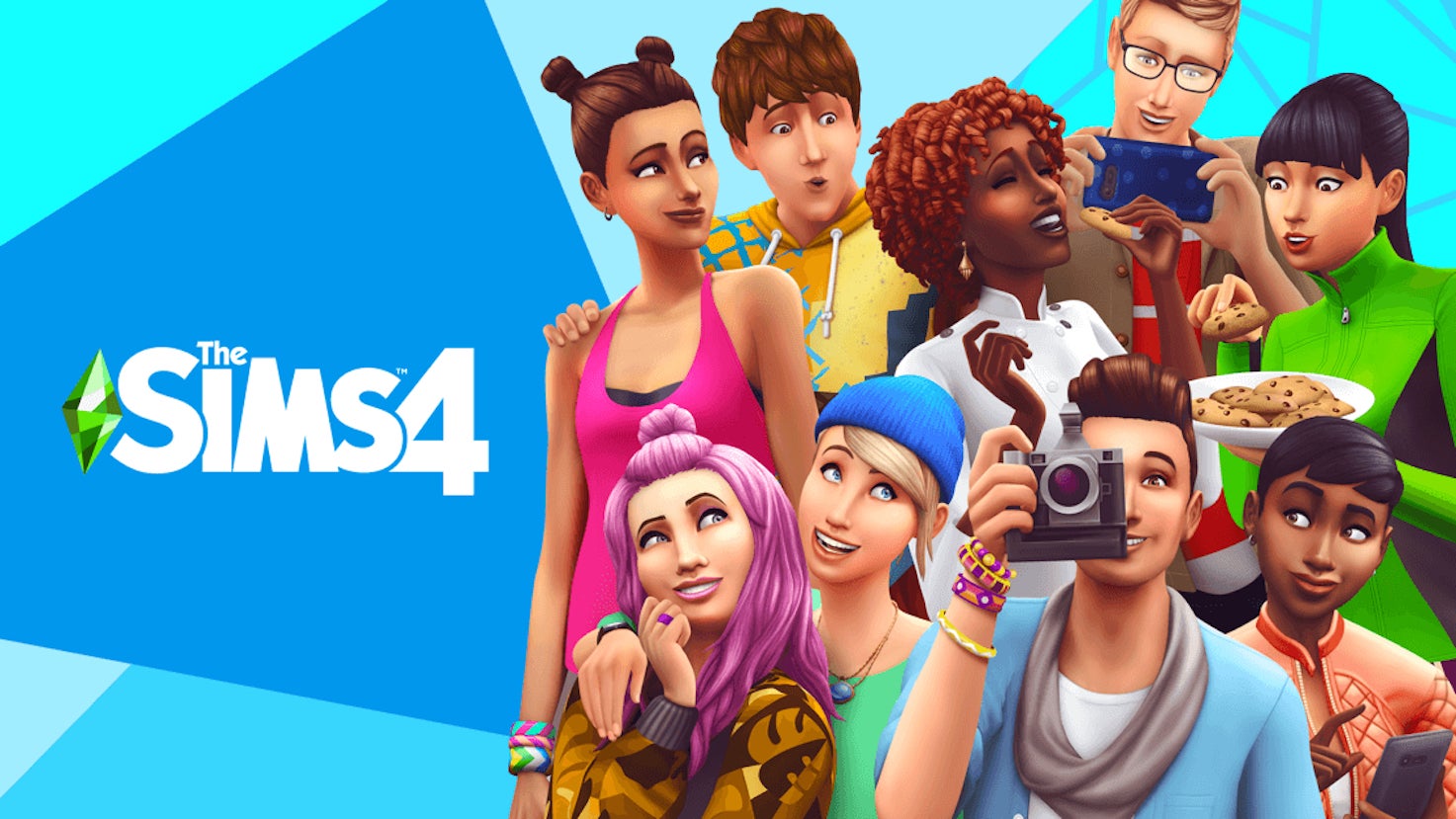 Sims 4 key art - a group of sims pulling faces with the sims 4 logo