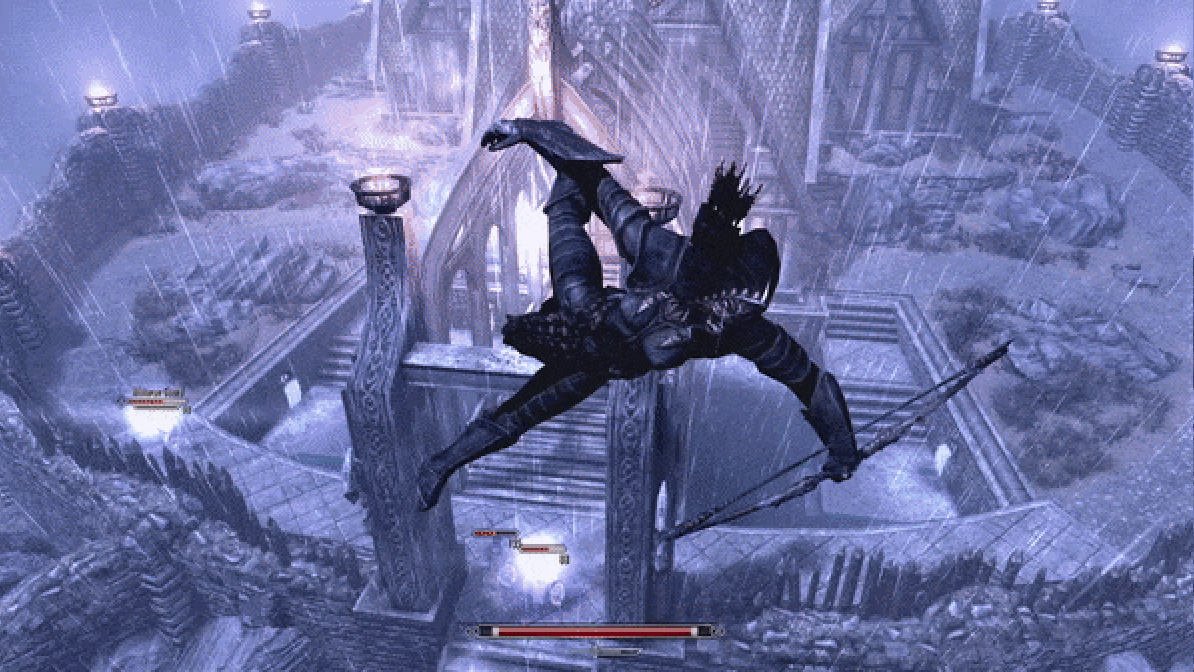 A screenshot from Skyrim's Everyone Is The Dragonborn mod showing the OG Dragonborn flying through the air, on the receiving end of a Fus Ro Dah