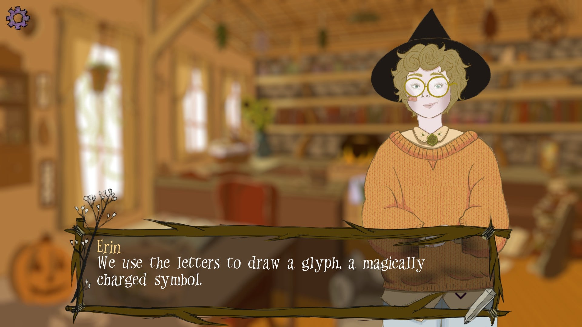 A So May It Be screenshot of Erin the witch who is wearing a cozy orange jumper in her cottage