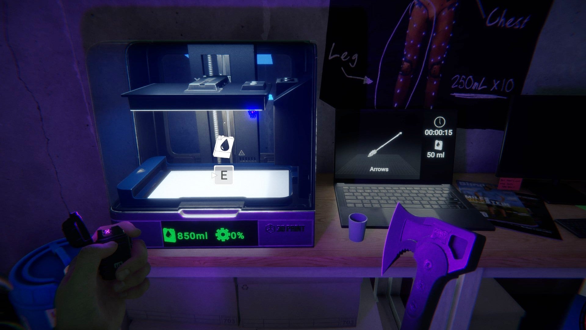 A player stares at a 3D printer, lit by purple light, in Sons of the Forest.