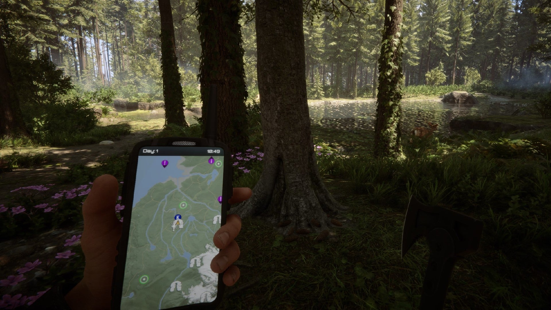 A player stares at their GPS in the woods in Sons of the Forest.