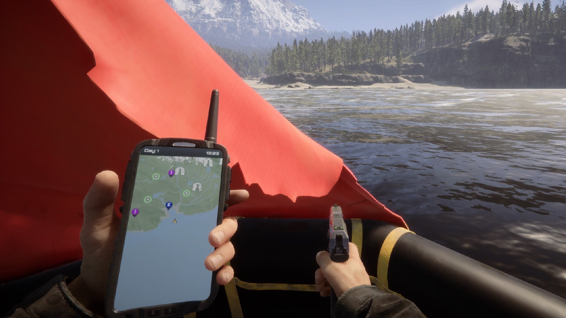 A player stares out at sea while holding a GPS and a pistol in Sons of the Forest.