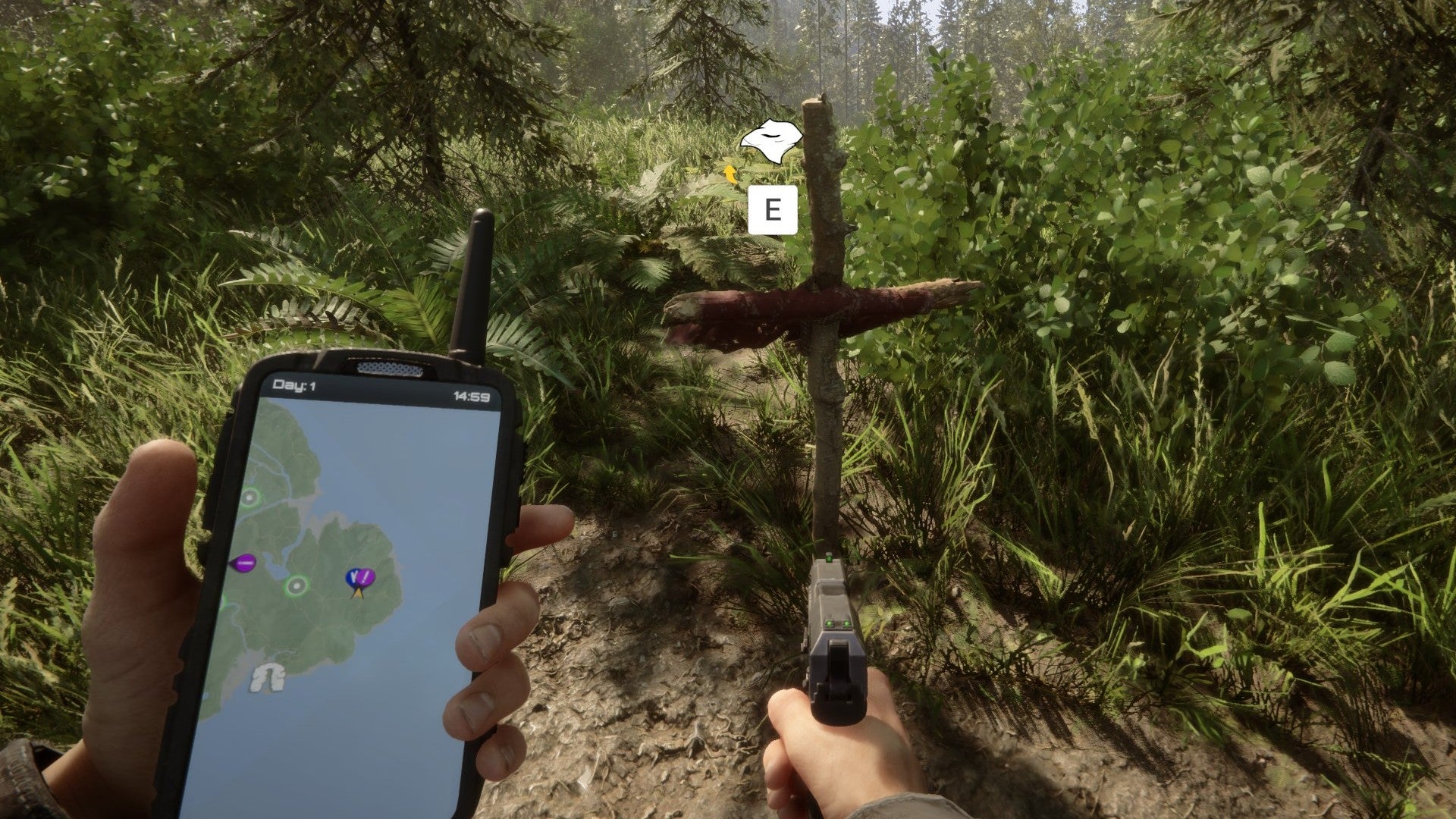 A player stares at a grave marker while holding a GPS and a pistol in Sons of the Forest.