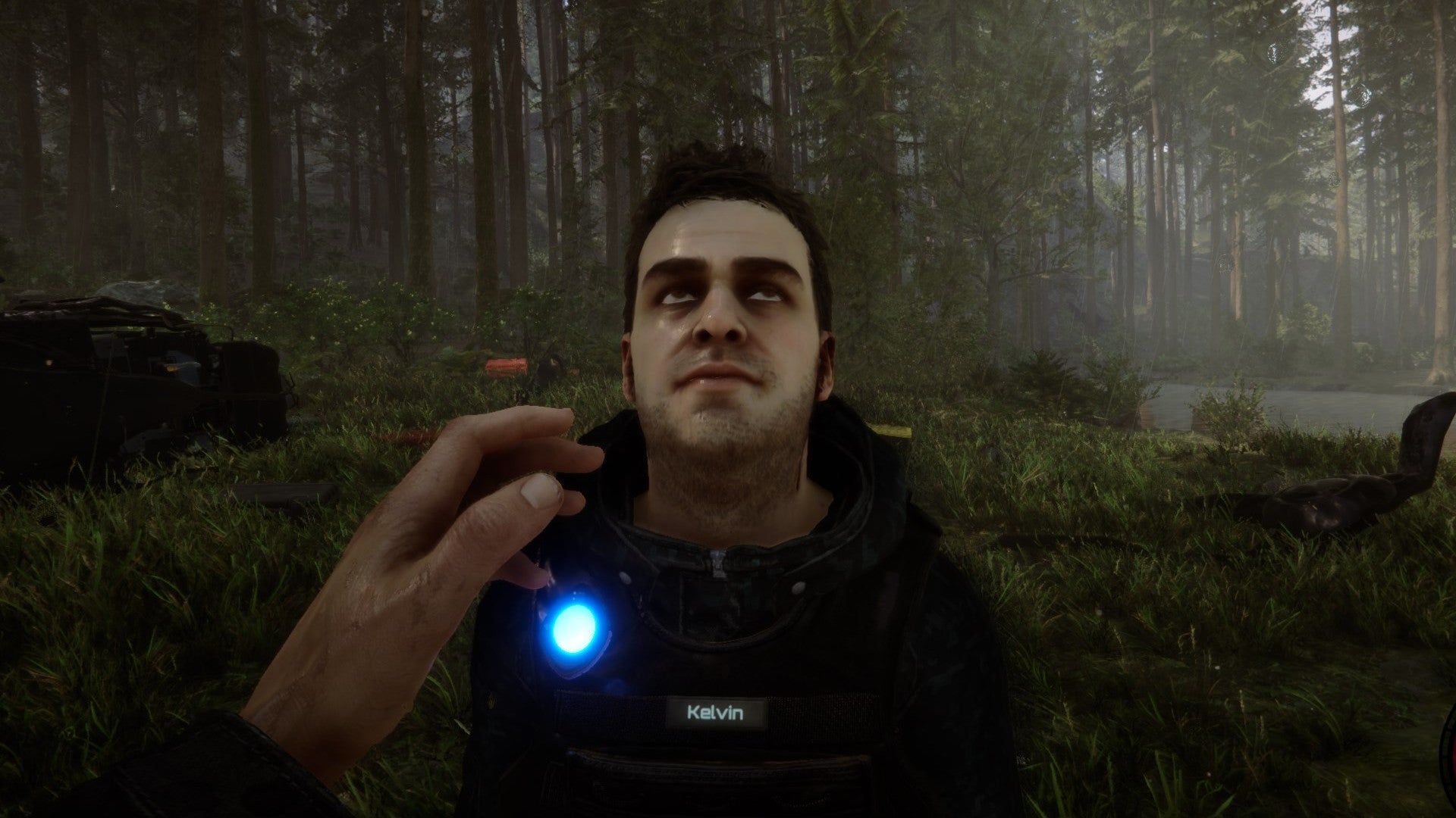 The player waves at Kelvin as he stands dazed in Sons of the Forest.
