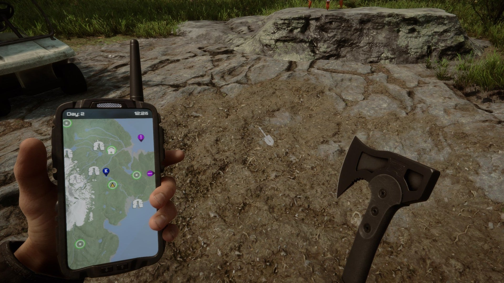 A player stands by a patch of dirt while holding a GPS and an axe in Sons of the Forest.