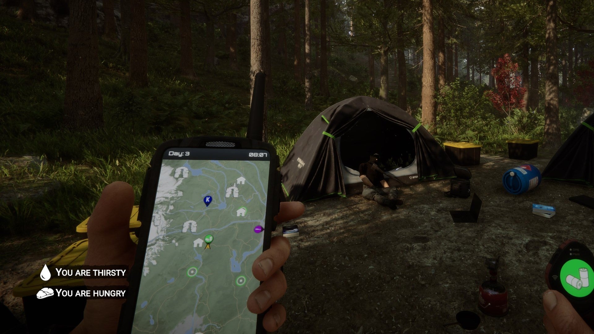 A player stands holding a GPS while staring at a tent in Sons of the Forest.