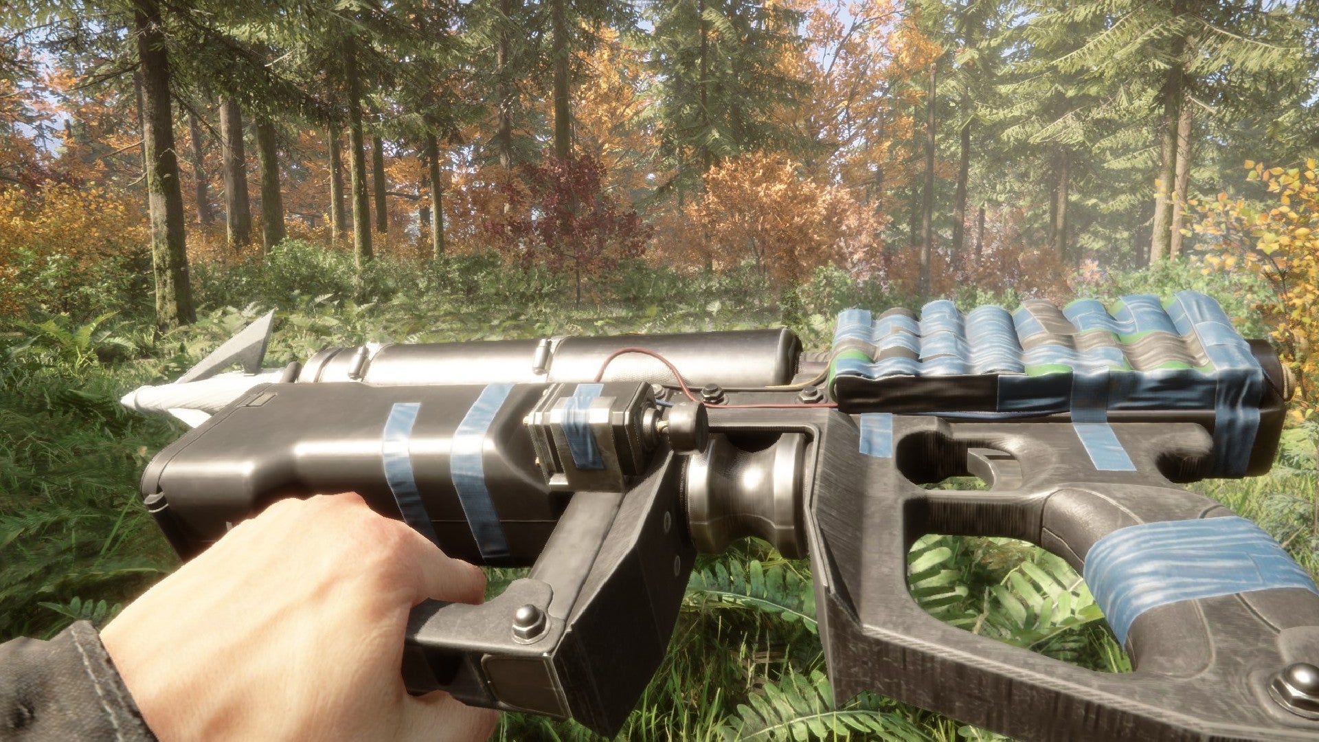 A player stares at the Rope Gun in Sons of the Forest.