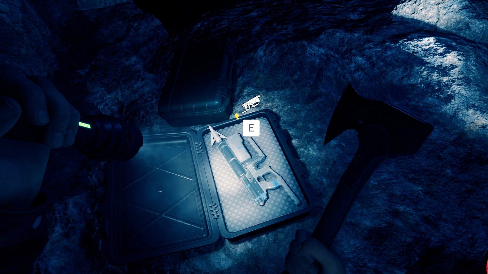 A player shines a torch on the Zipline Gun in a dark cave in Sons of the Forest.