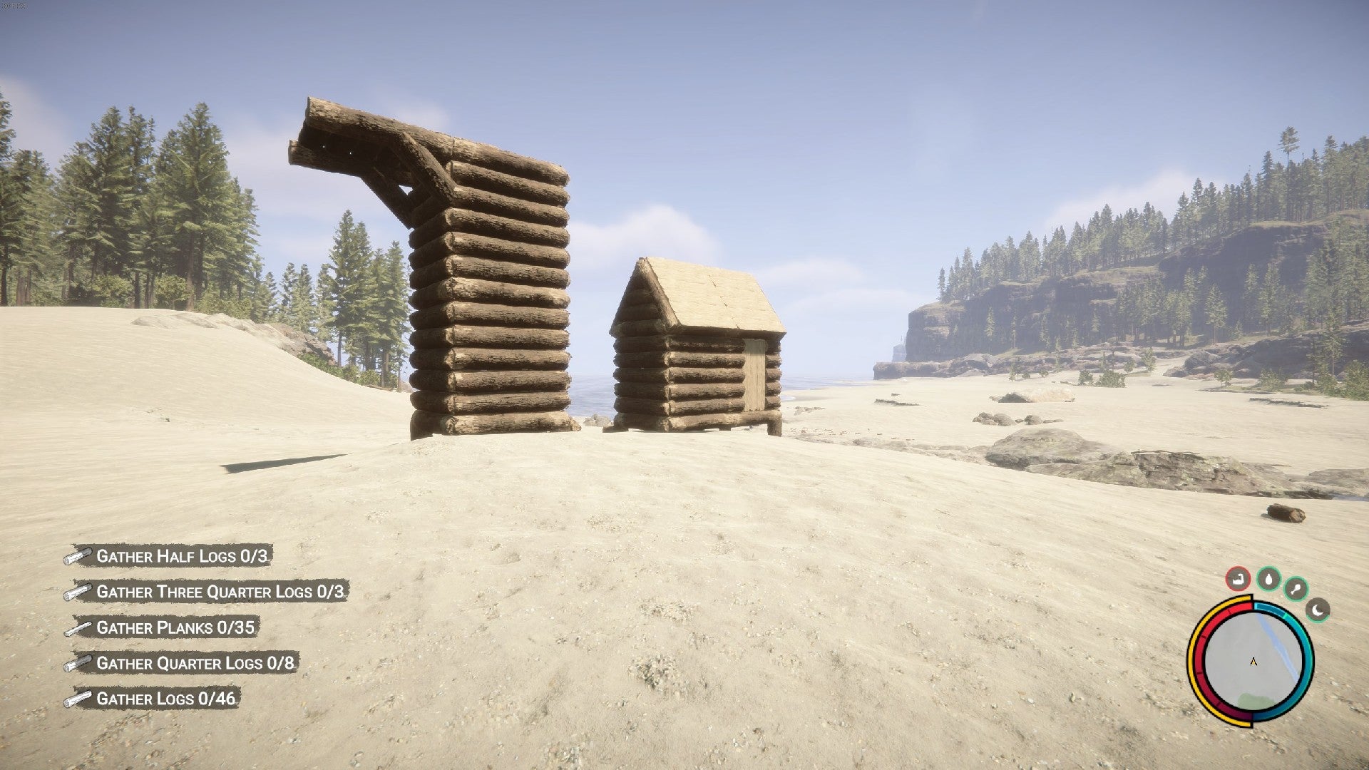 A player stares at a shack and lookout tower built on a beach in Sons of the Forest.