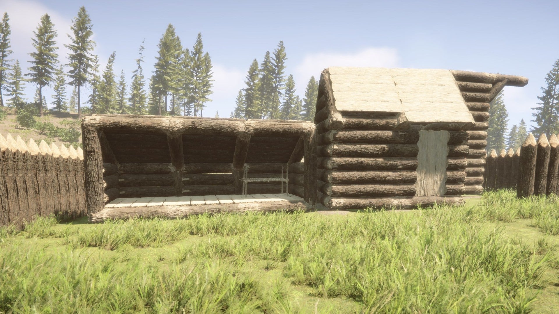 A player stares at a shack, lean-to, and lookout tower in Sons of the Forest.
