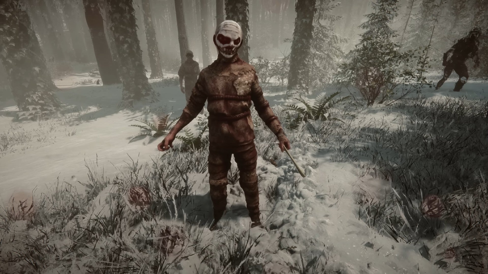 Sons of the Forest-Bild zeigt einen betäubten Feind, der im Schnee steht.