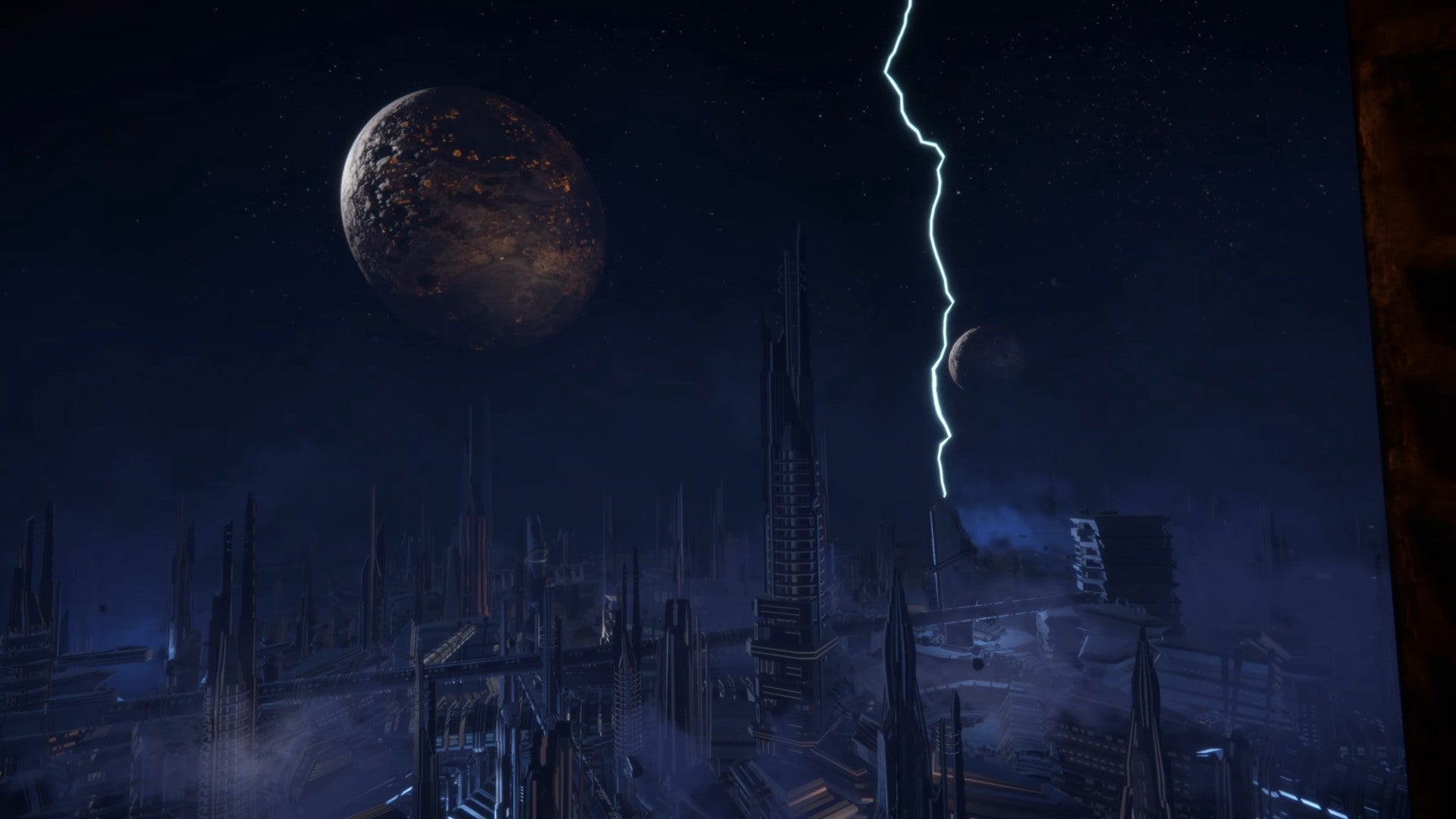 A player stares out over a futuristic city as a lightning bolt cracks down in Sons of the Forest.