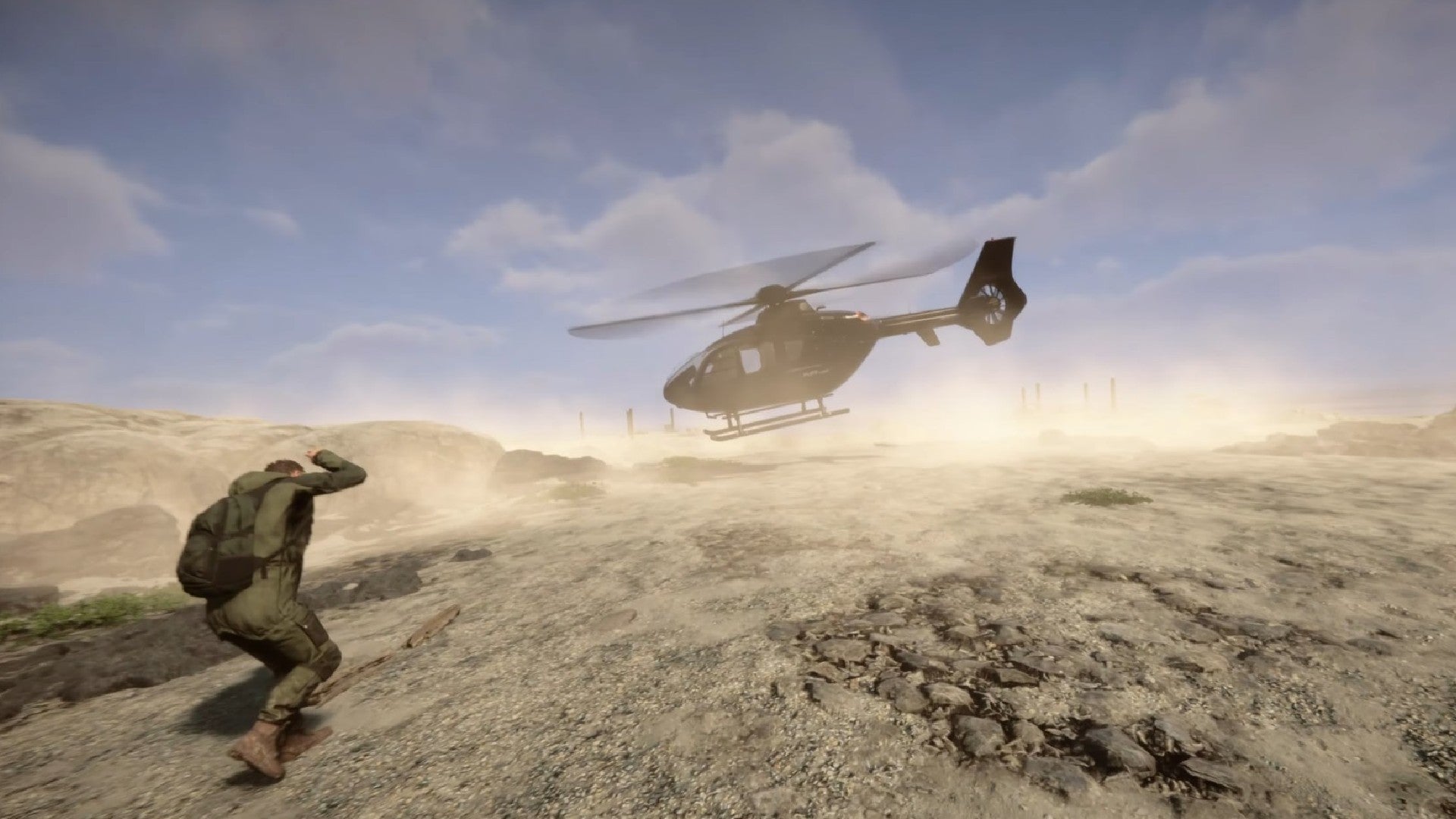 A player walks towards a helicopter as it lands on the beach in Sons of the Forest.
