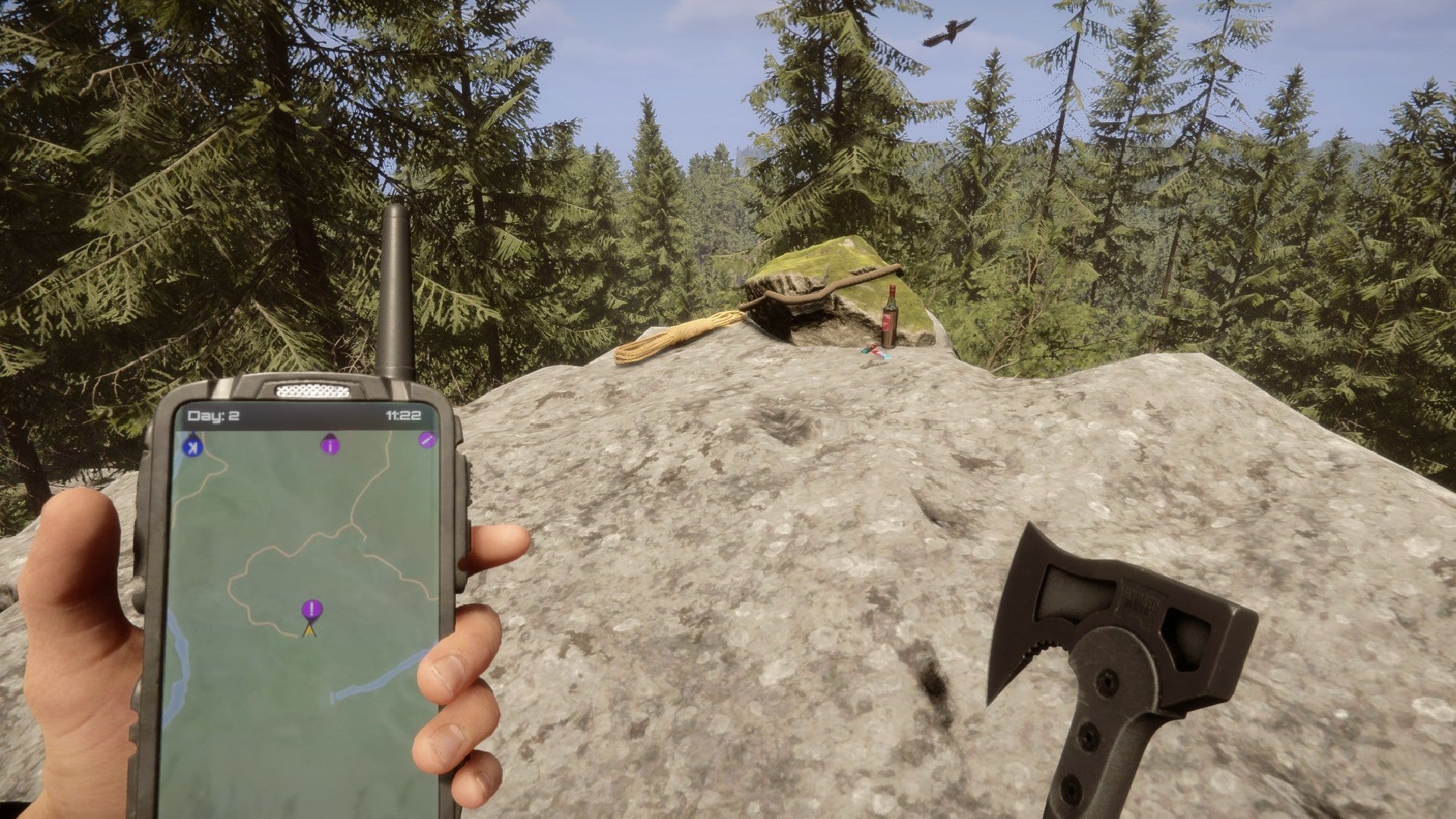 A player holding a GPS and an axe stares at a rope tied around a rock in Sons of the Forest.