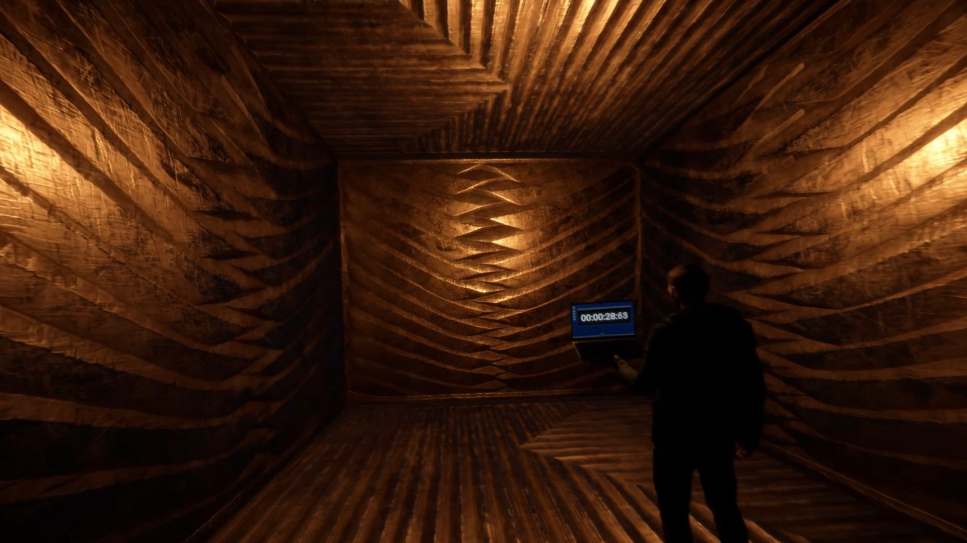 A player walks into the Golden Cube in Sons of the Forest.