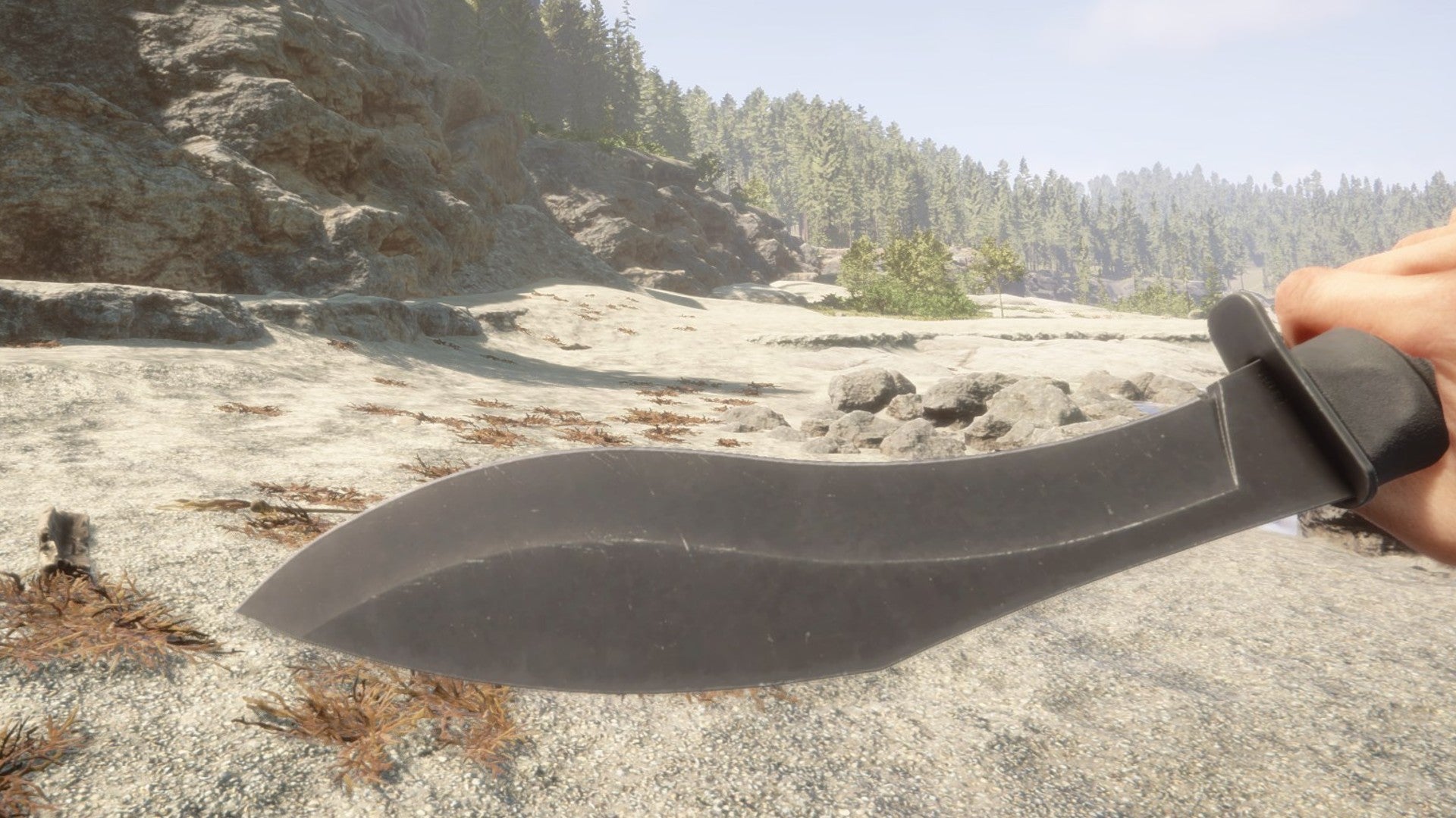 A player blocks with the Machete on a beach in Sons of the Forest.