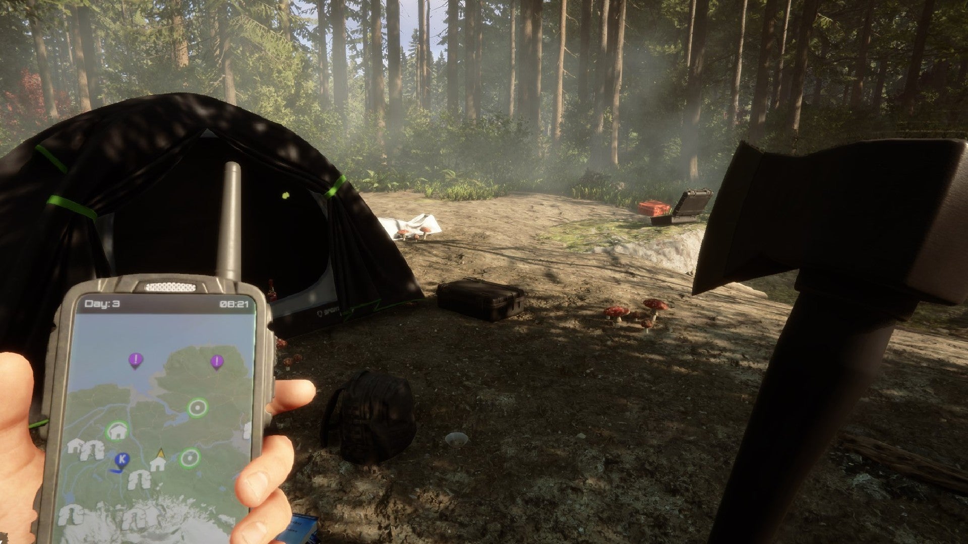 A player holding a GPS and the modern axe stares at a tent in Sons of the Forest.