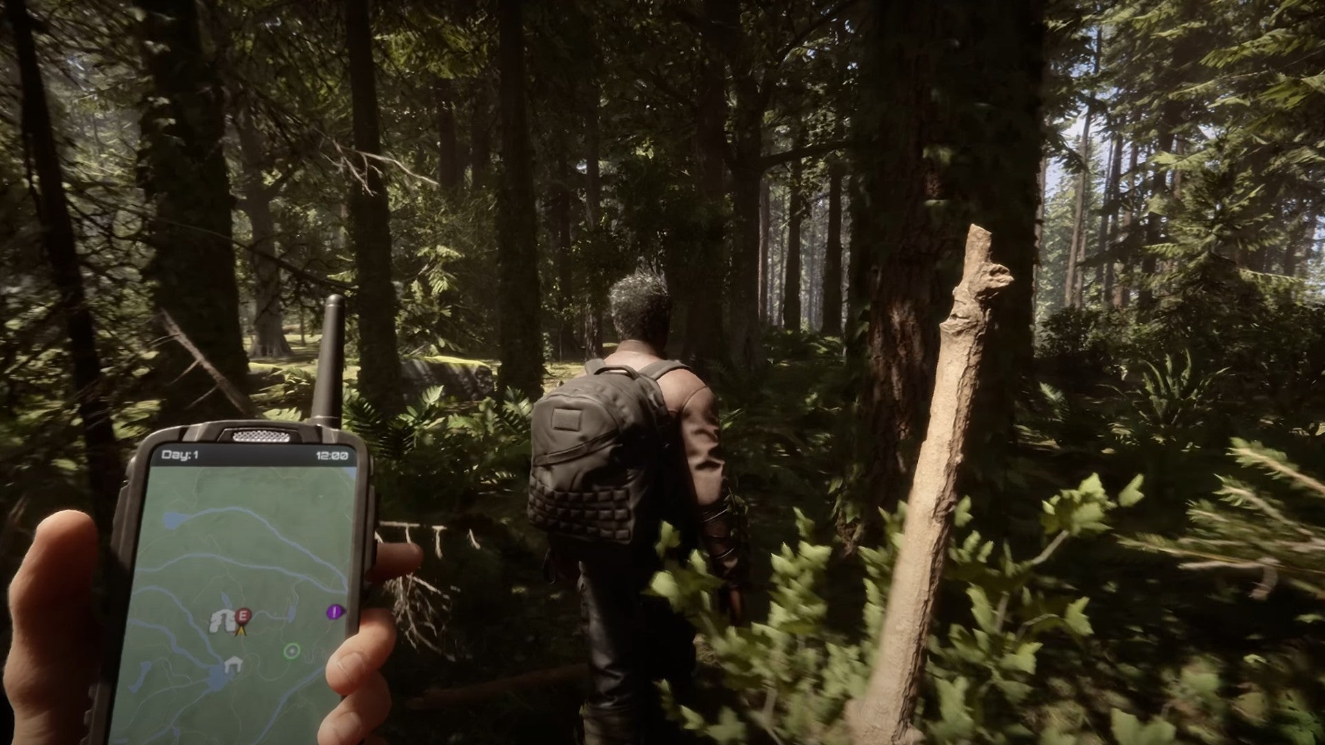 A player wondering through the woods while holding a GPS in Sons of the Forest. Another player walks ahead in the woods.
