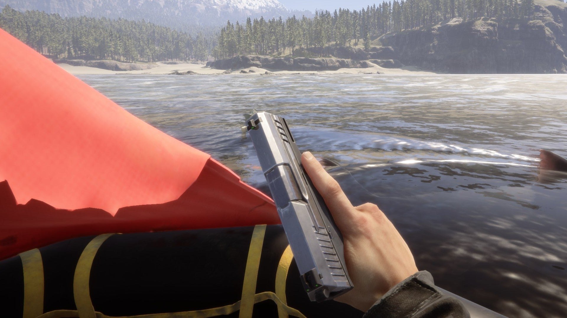 A player stares at a pistol in Sons of the Forest as they look out over the ocean.