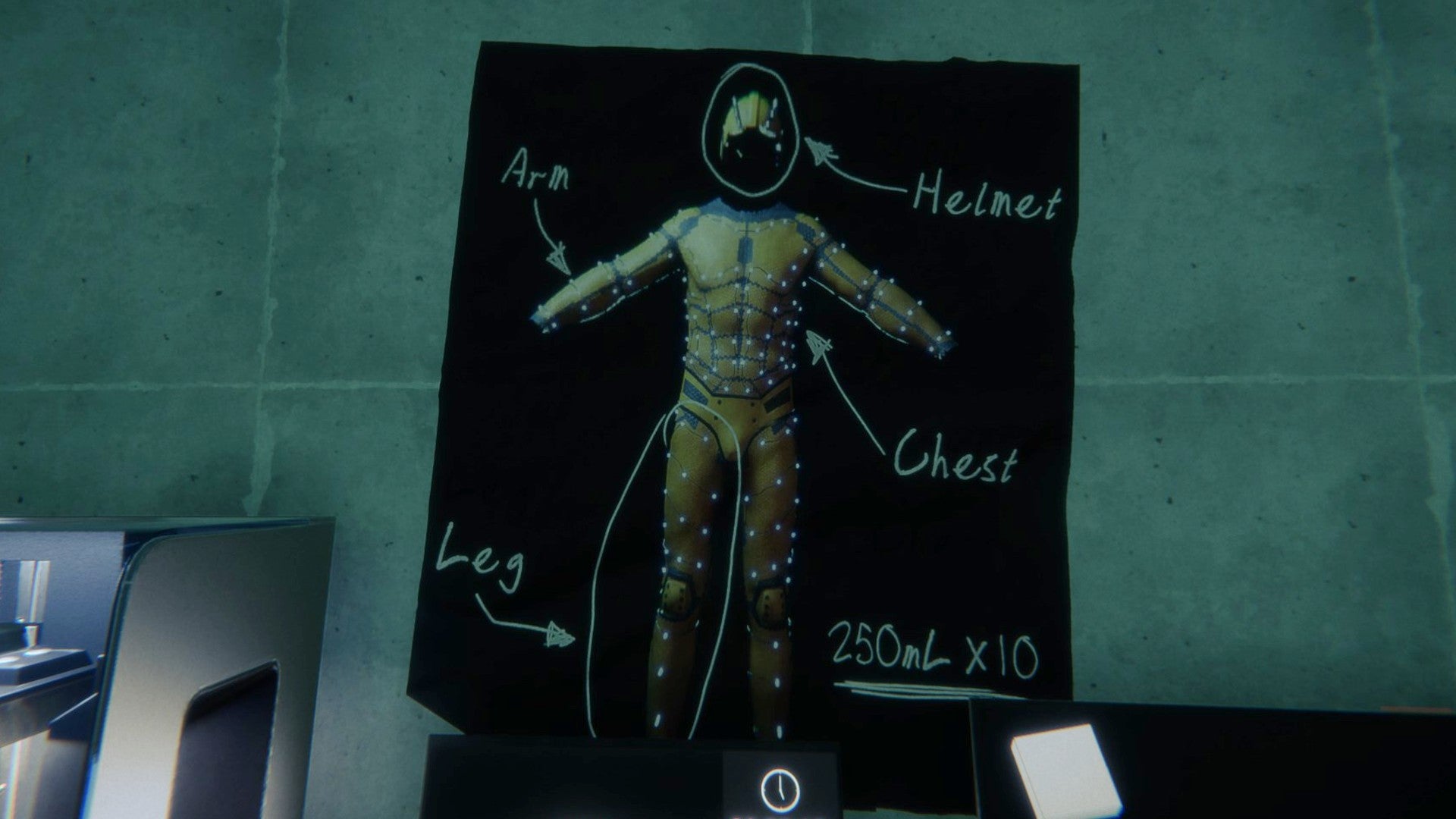 A player stares at the poster of tech armor in Sons of the Forest.