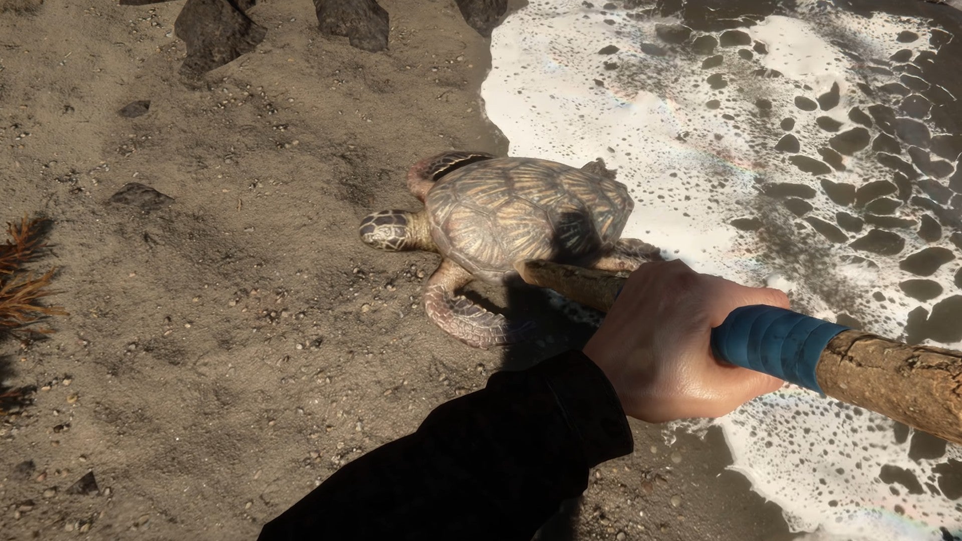 A player aims a spear at a turtle in Sons of the Forest.
