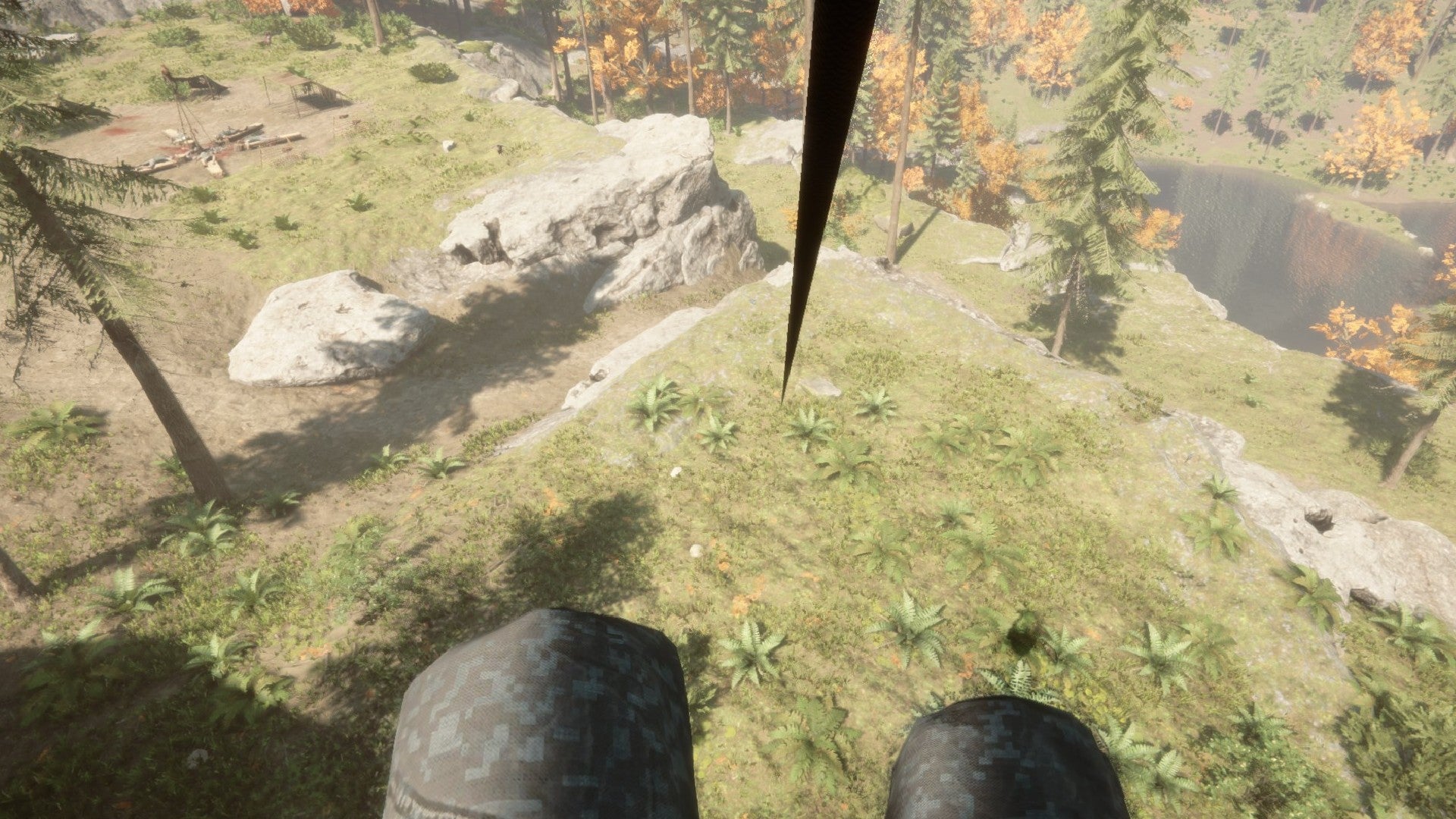 A player zips down to the ground in Sons of the Forest.
