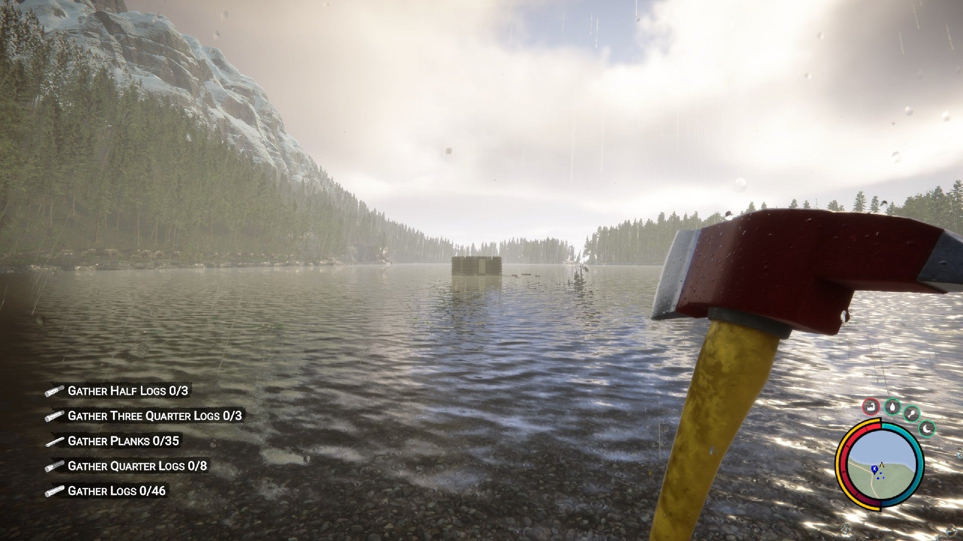 A player stares out towards a wooden shack built on a lake in Sons of the Forest.