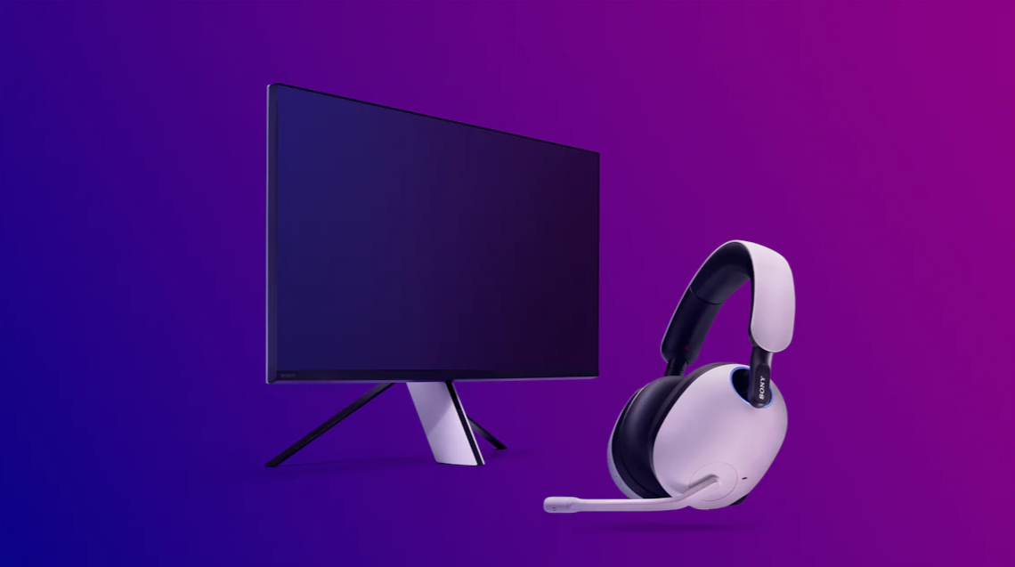 The Sony InZone M9 gaming monitor and InZone H9 gaming headset against a purple background.