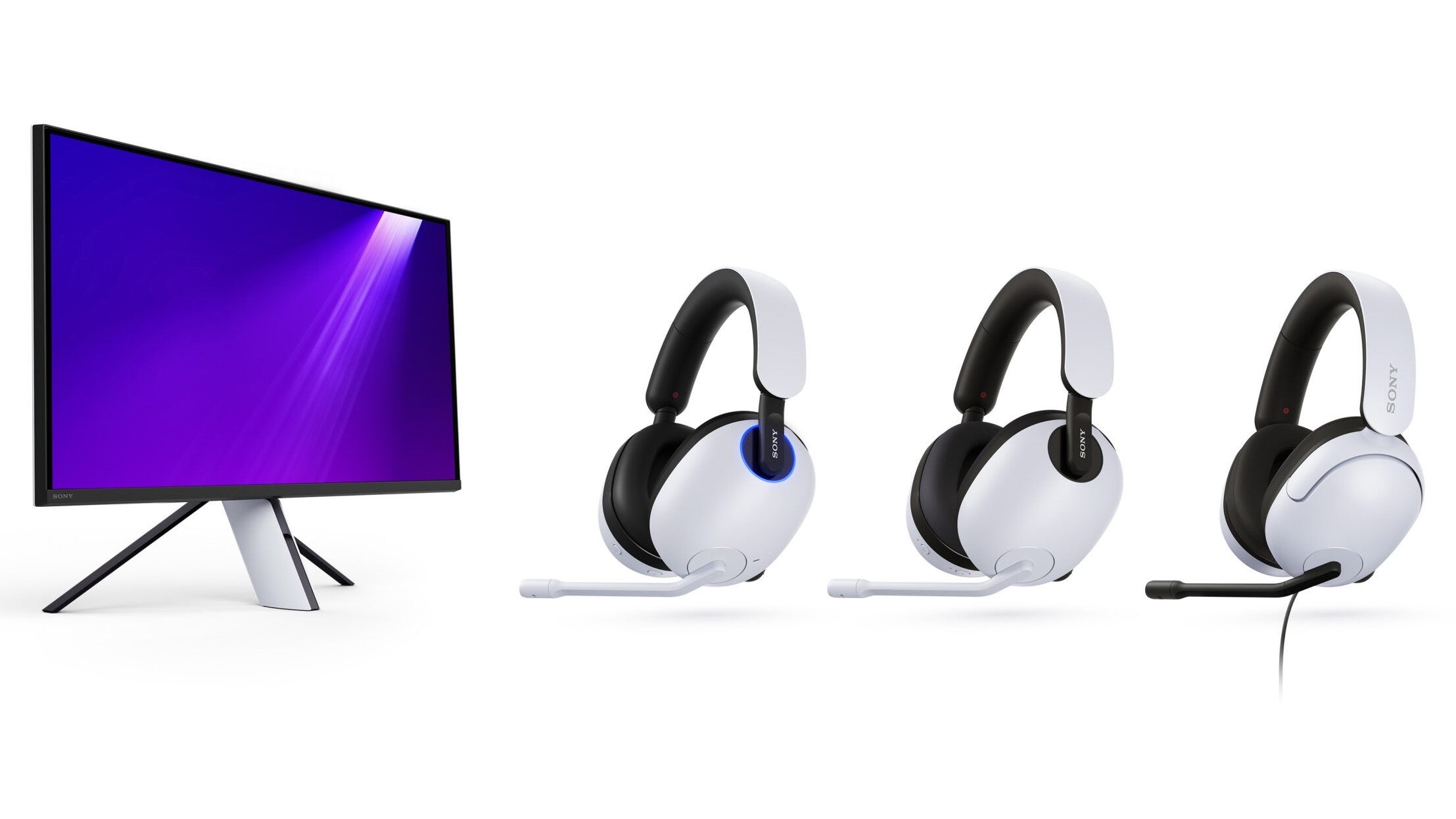 The Sony InZone M9 gaming monitor and all three InZone H series headsets against a white background.