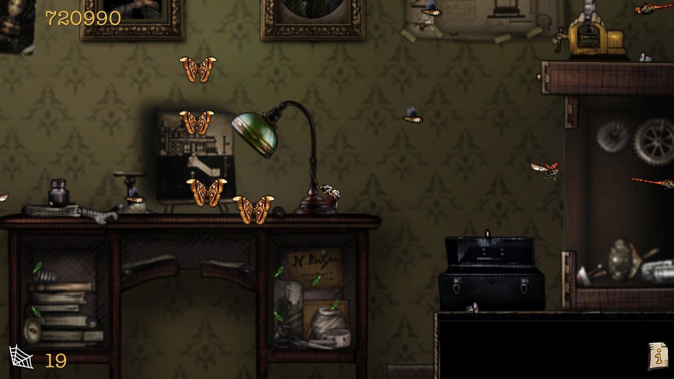 A screenshot of the mobile game Spider: The Secret Of Bryce Manor. It appears to be an old fashioned home office, with a desk, and framed photographs on the walls against off-green wallpaper. There are butterflies and other insects in the foreground of the screen