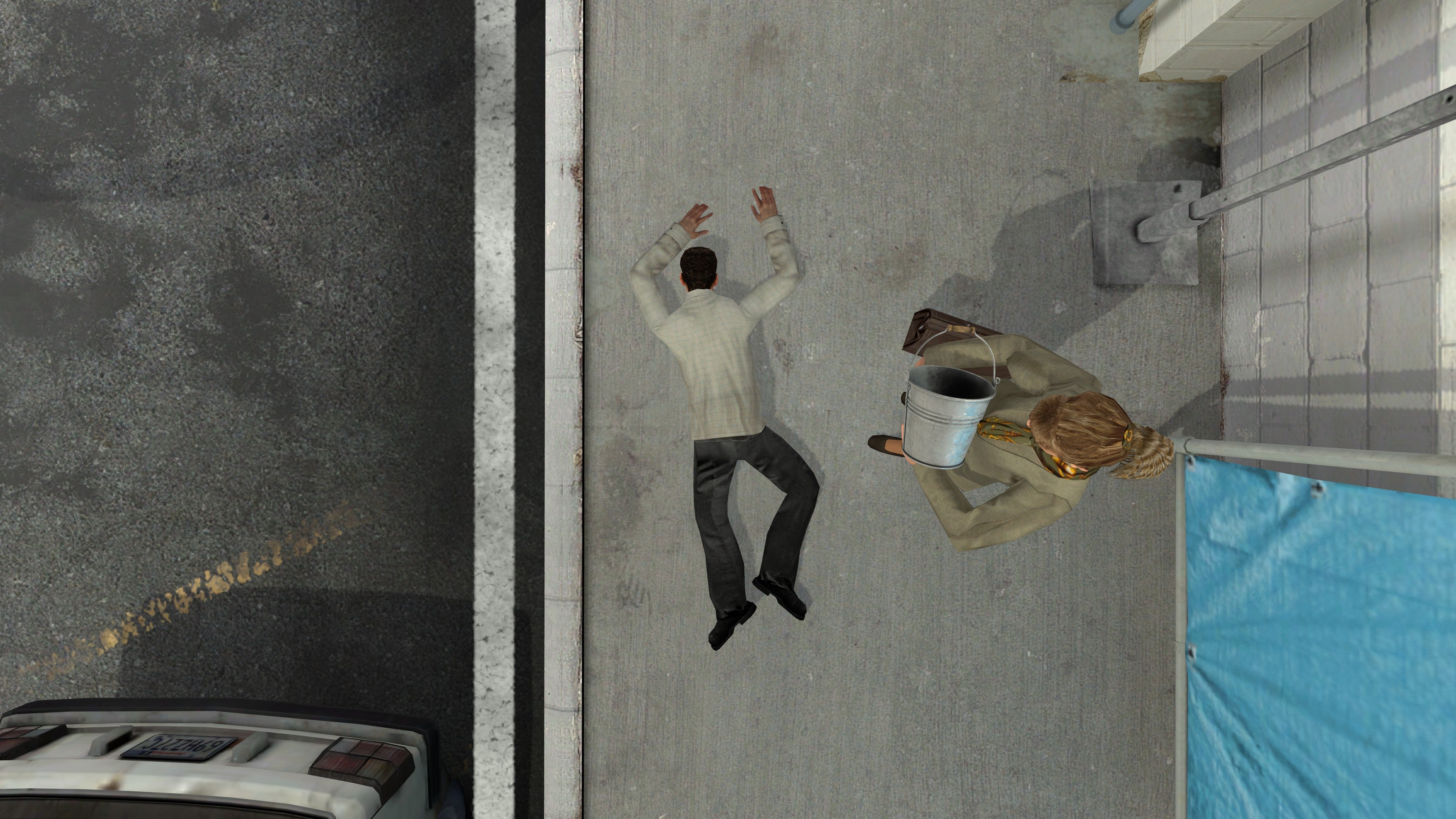 A man lies on the floor while a woman holding a bucket looks on in The Stanley Parable Ultra Deluxe