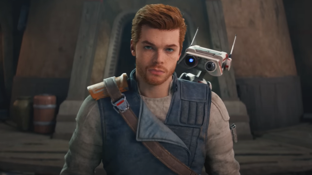 A screenshot from Star Wars: Jedi Survivor showing Cal Kestis with his BD-1 droid on his shoulder