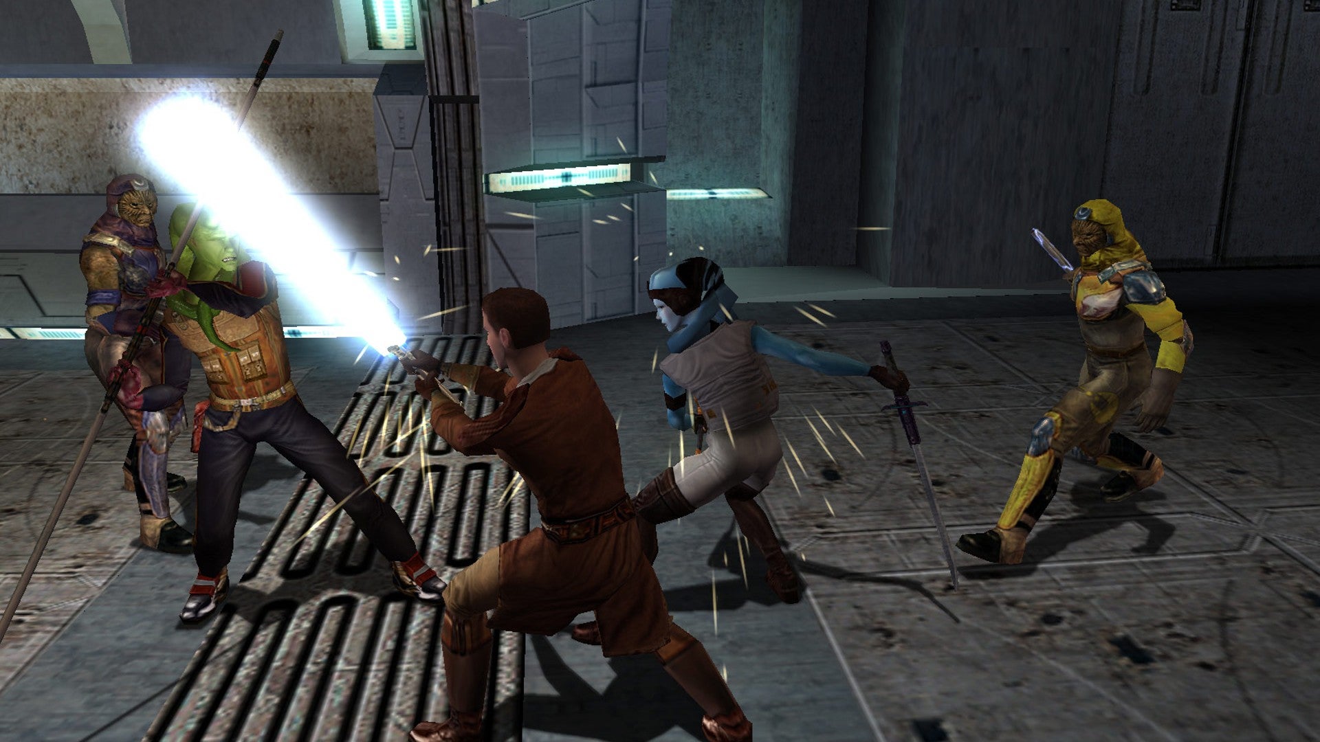 Star Wars Knights of the Old Republic showing five characters fighting. The human in the middle is swinging their lightsaber towards an alien's spear.