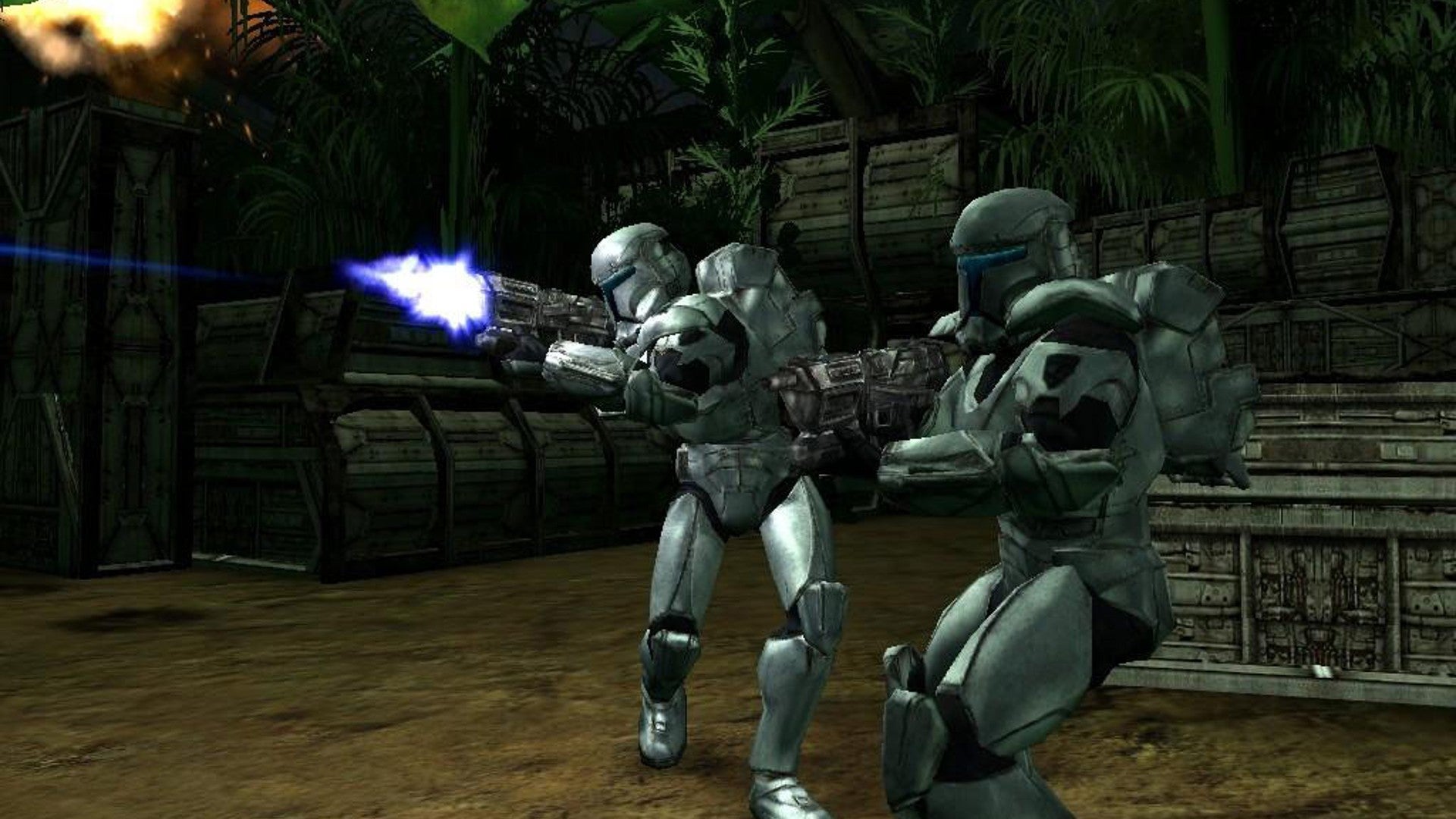 Star Wars Republic Commando image showing two commandos staring to the left as one fires their blaster. The background is a jungle compound.