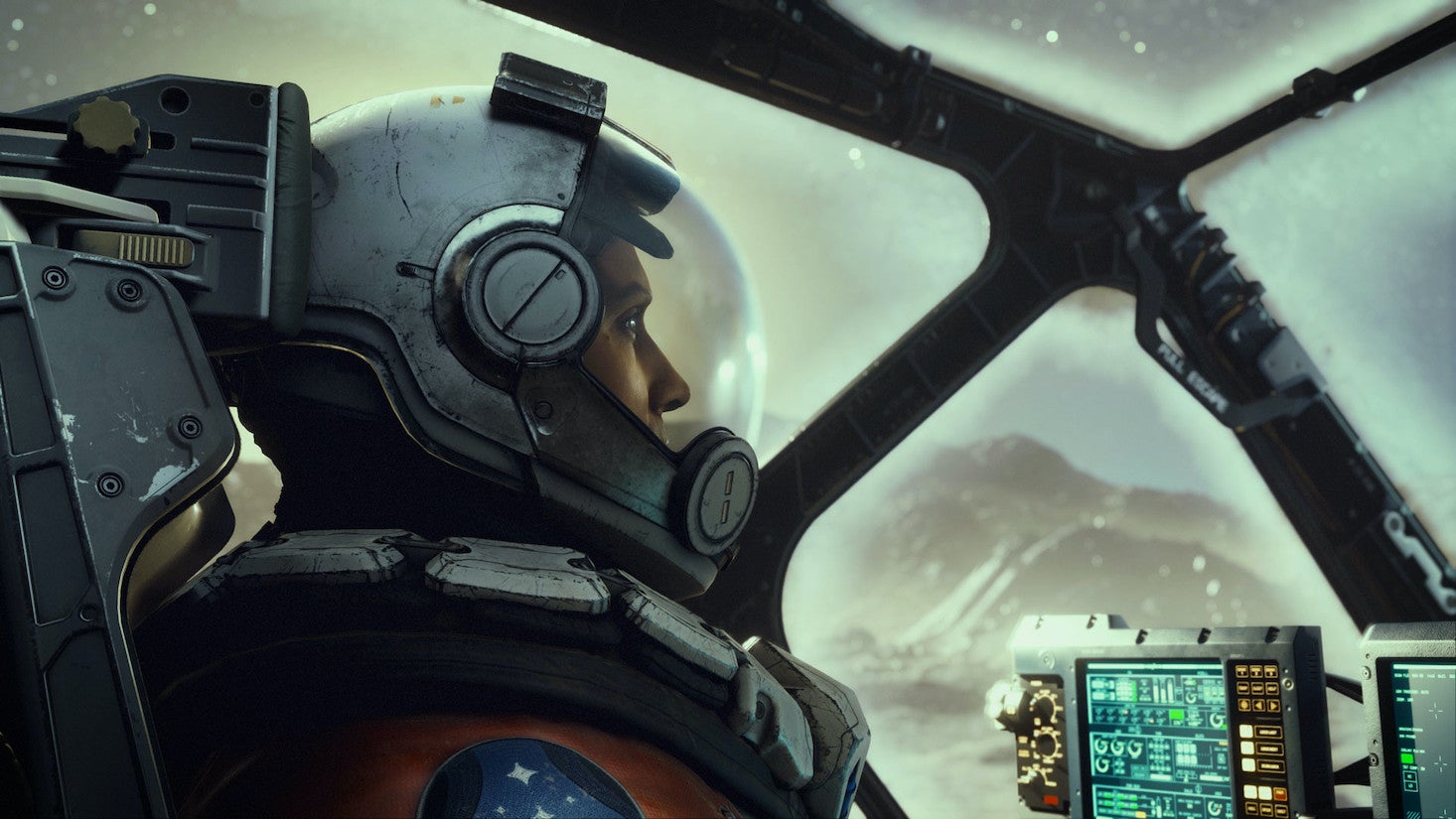 Artwork for Starfield that shows an astronaut sitting in profile inside a space ship