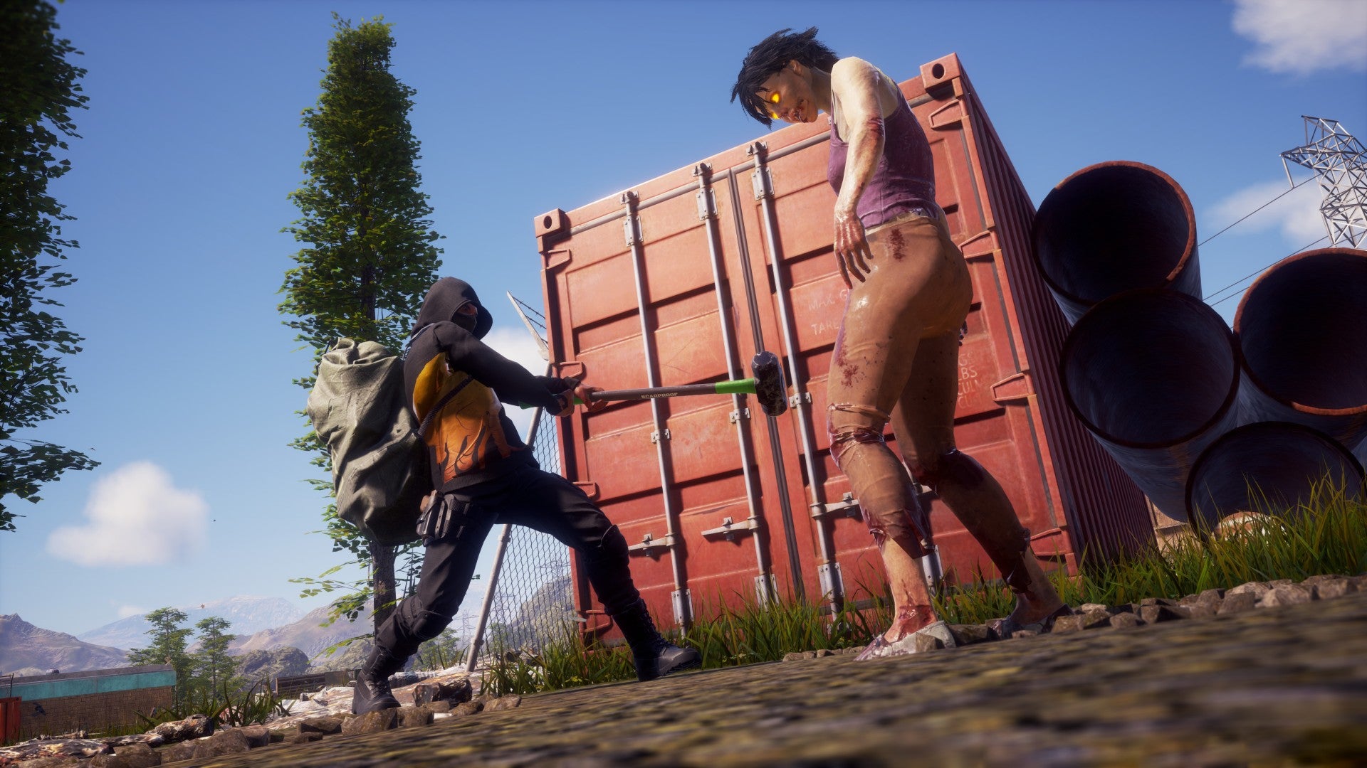 State of Decay 2 image showing a masked survivor swinging a sledgehammer towards a zombie.