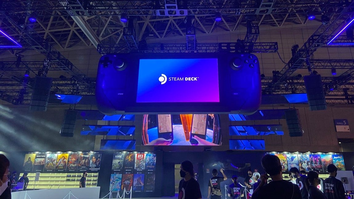A giant Steam Deck hangs over Valve's Tokyo Game Show booth.