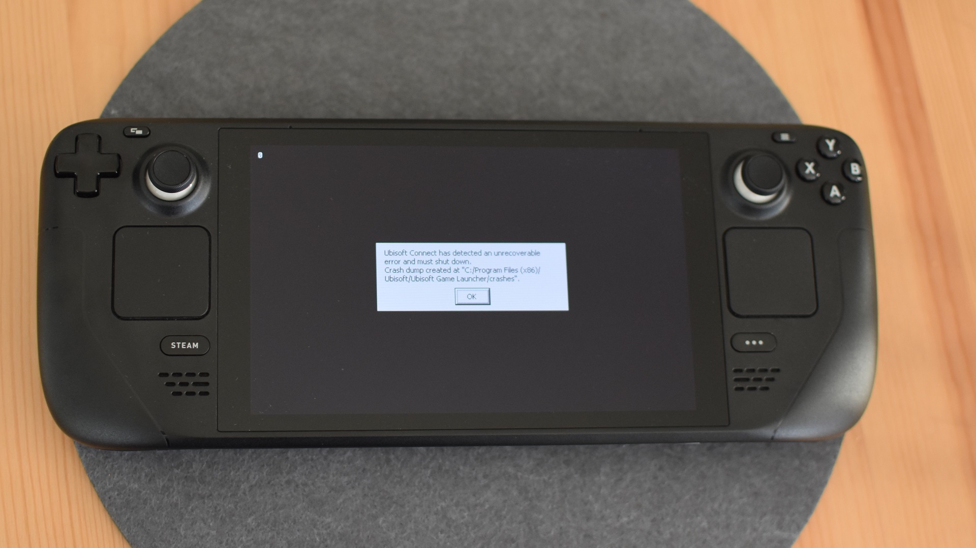 A Ubisoft Connect crash message appears on a Steam Deck.