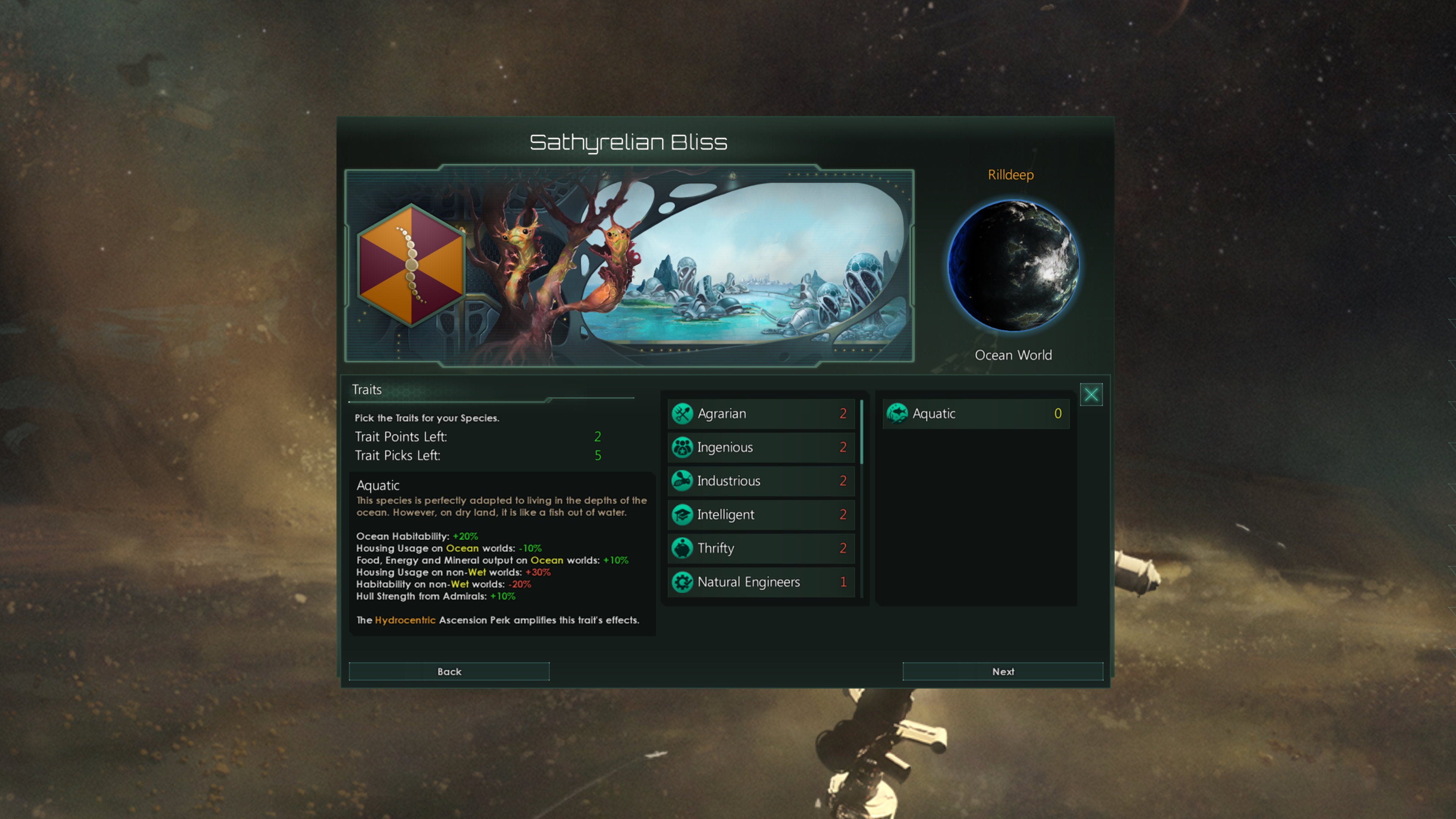 The menu screen for Stellaris' aquatics feature in 2021.