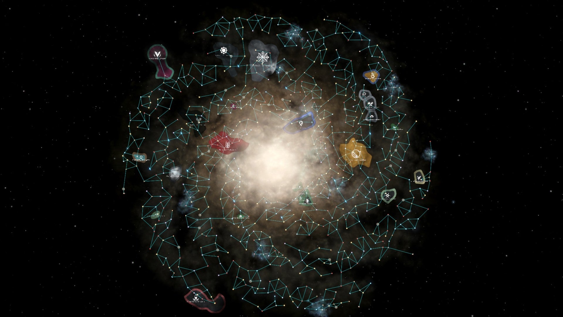 A screenshot from the 3.6 Orion update for Stellaris showing a 6-arm spiral galaxy