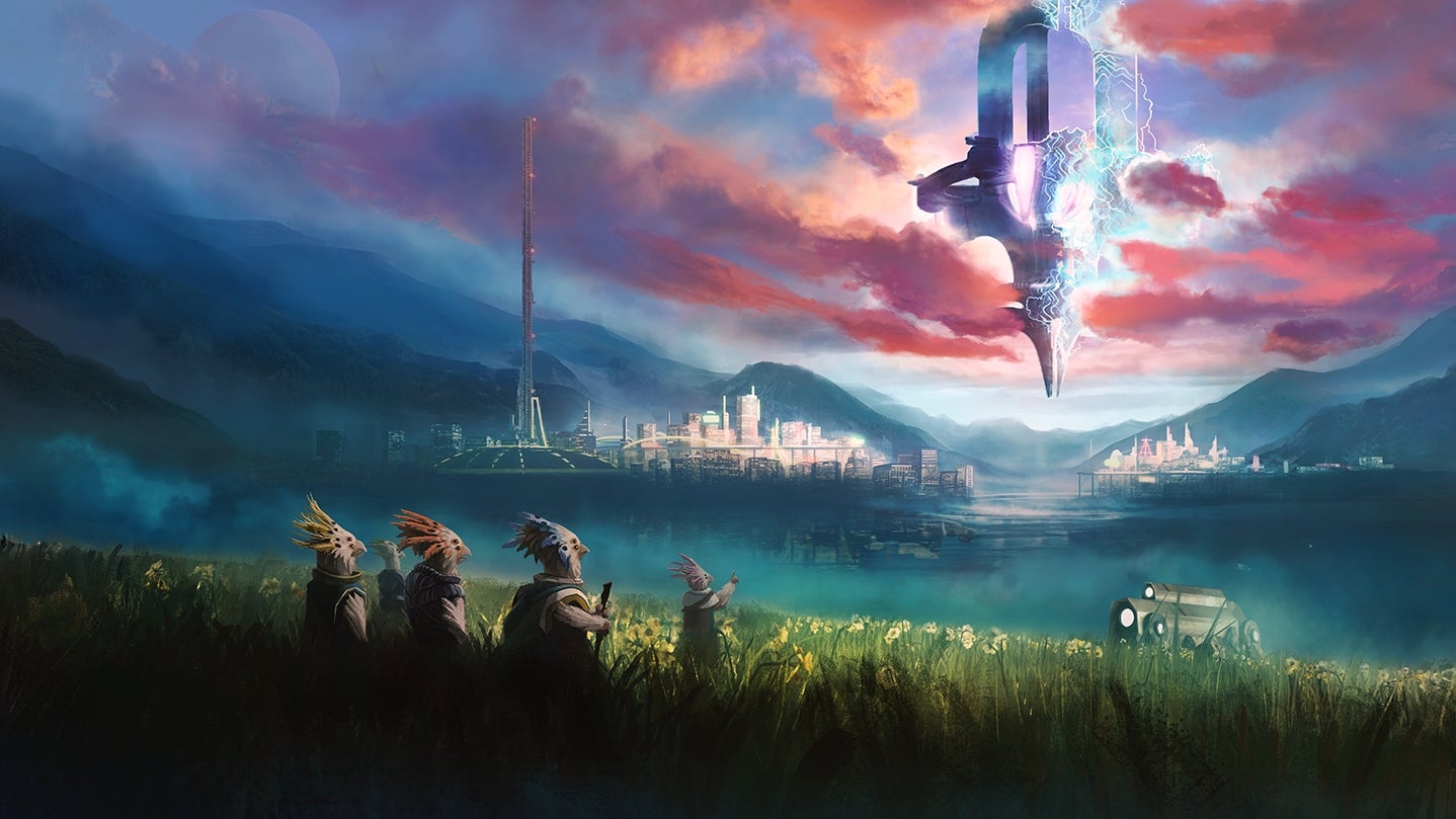 Key art from Stellaris' First Contact story pack DLC showing aliens looking up at a spacecraft hovering overhead