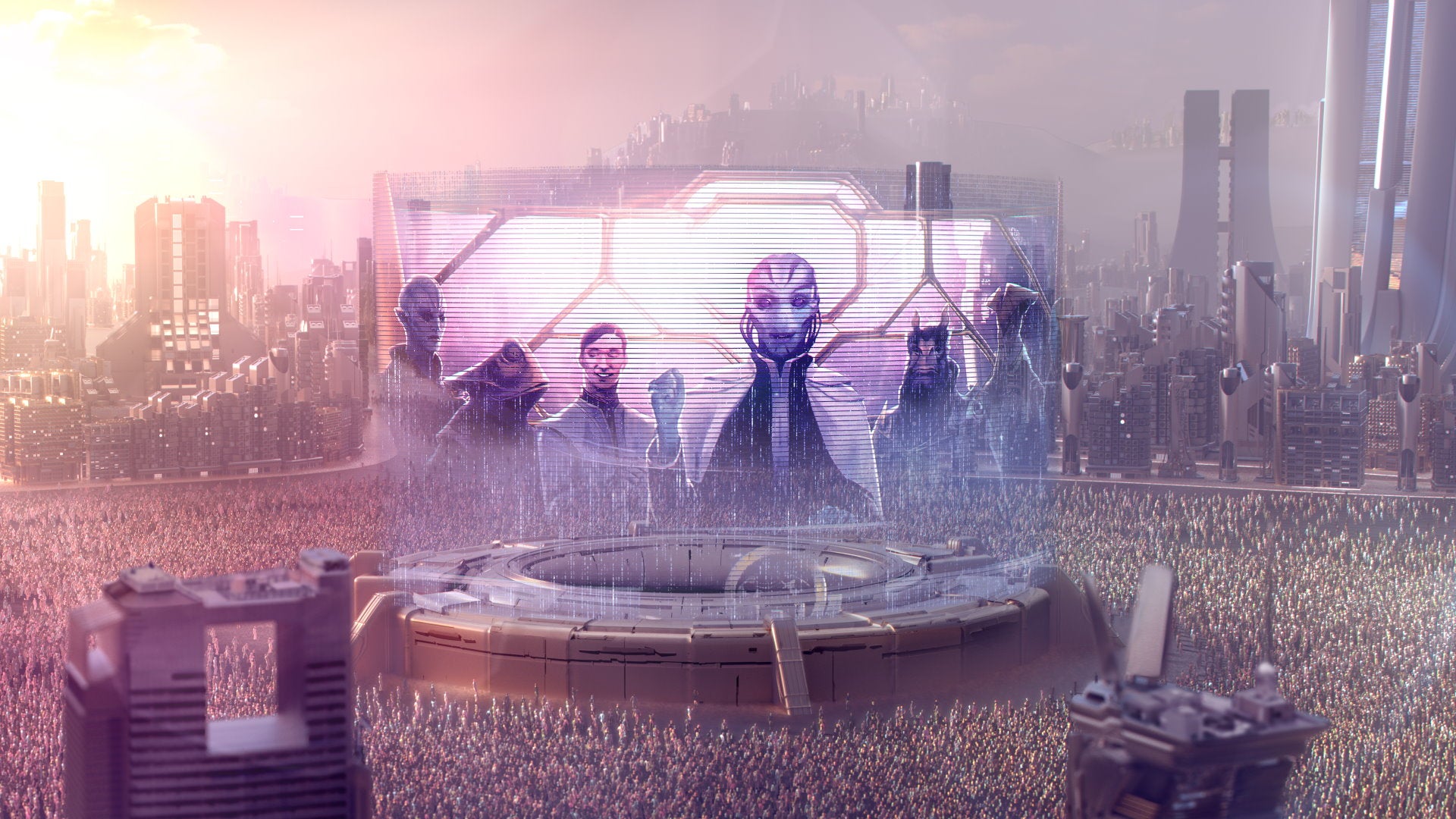Hordes of people look up at a giant holographic screen of various alien ambassadors in Stellaris' Federation cover art.