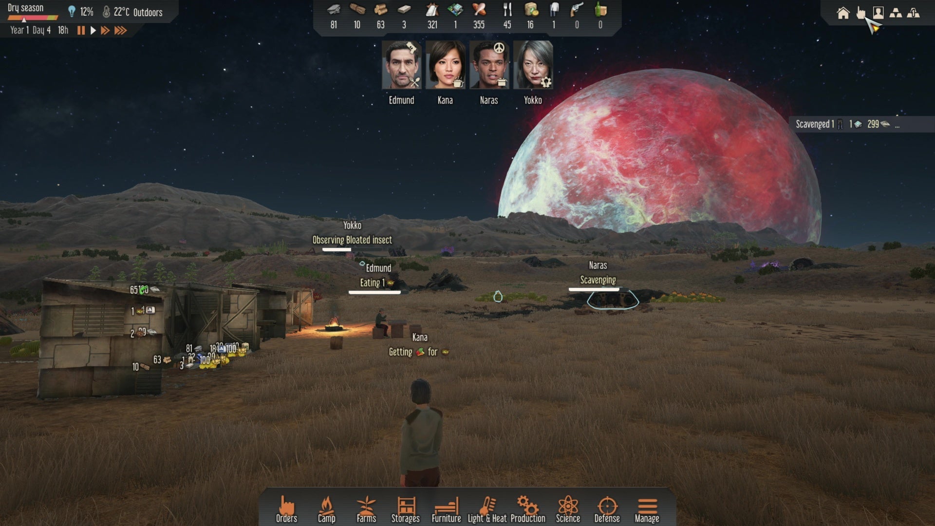 A night time scene at a camp with a large red moon in the background in Stranded: Alien Dawn
