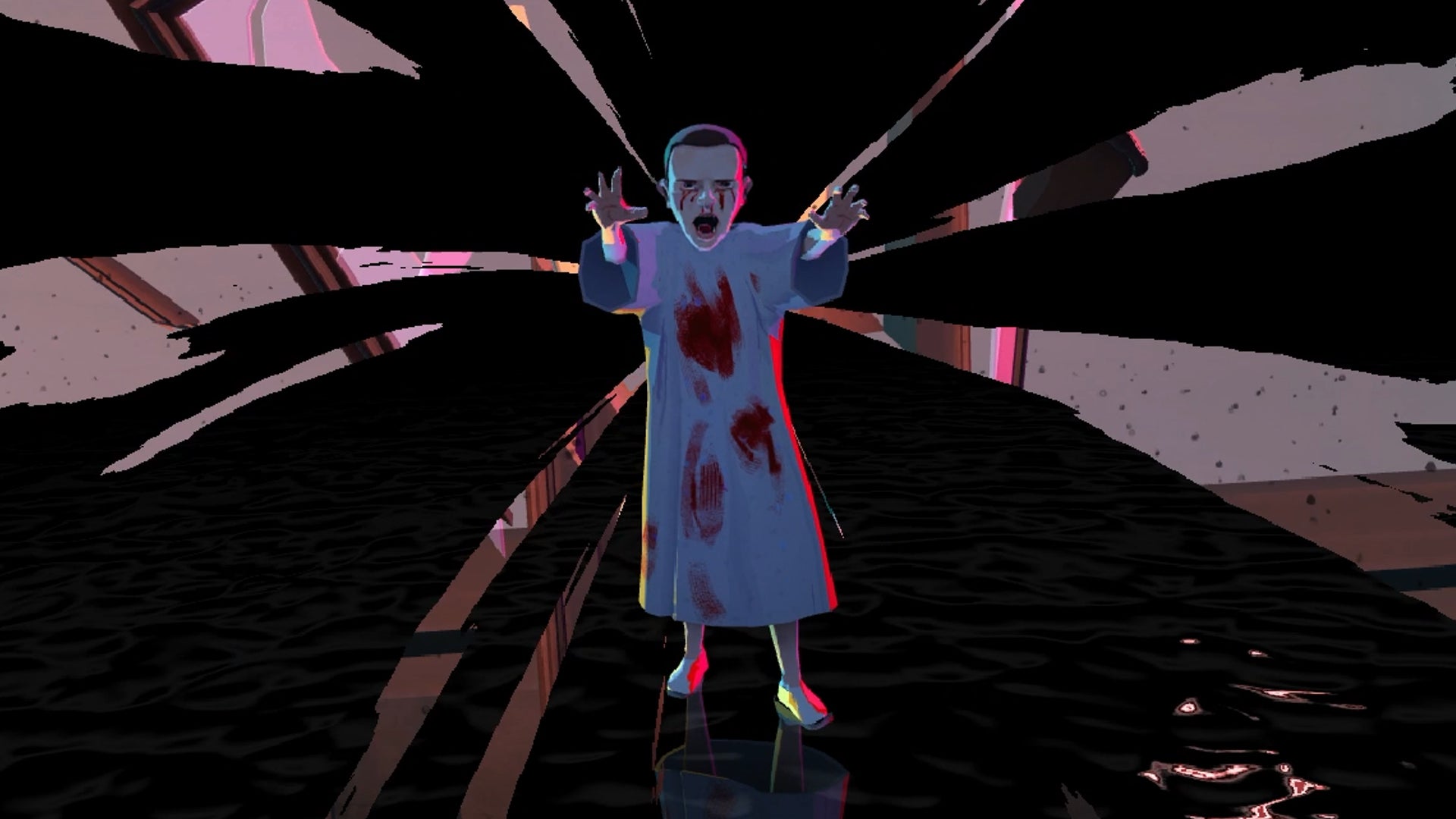 A screenshot showing Eleven from the upcoming Stranger Things VR game, set to release in winter 2023.