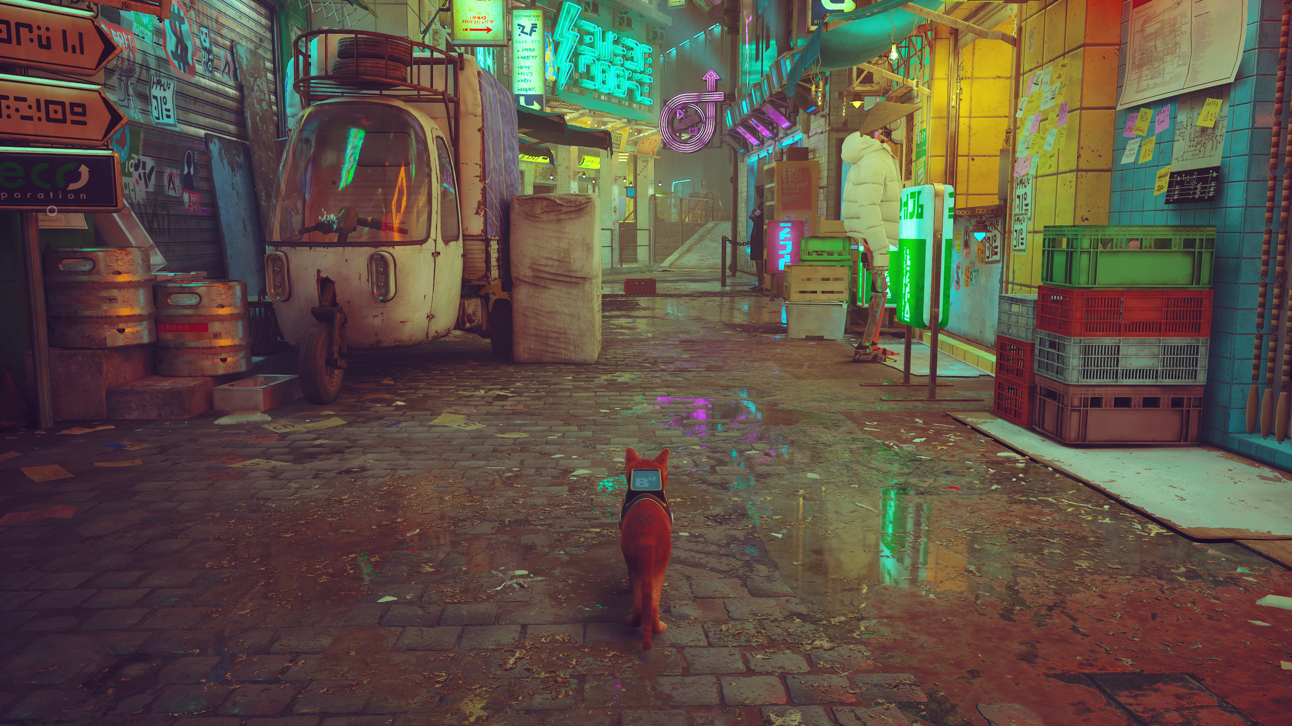 Stray on its Medium quality settings, showing a leon-lit street scene.